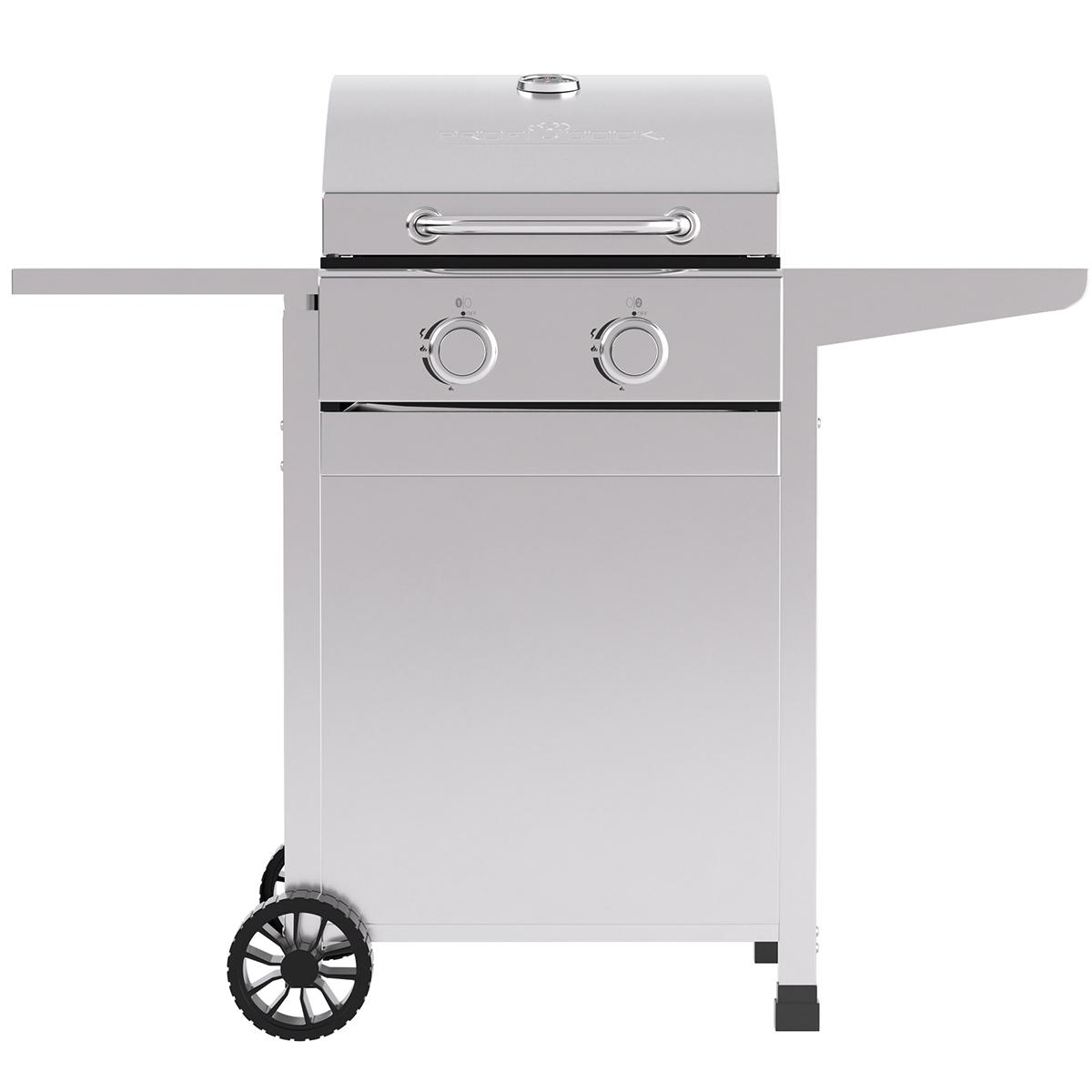 Ein Edelstahlgrill. Es hat einen Deckel und zwei Knöpfe. Es hat ein Rad an der Seite.