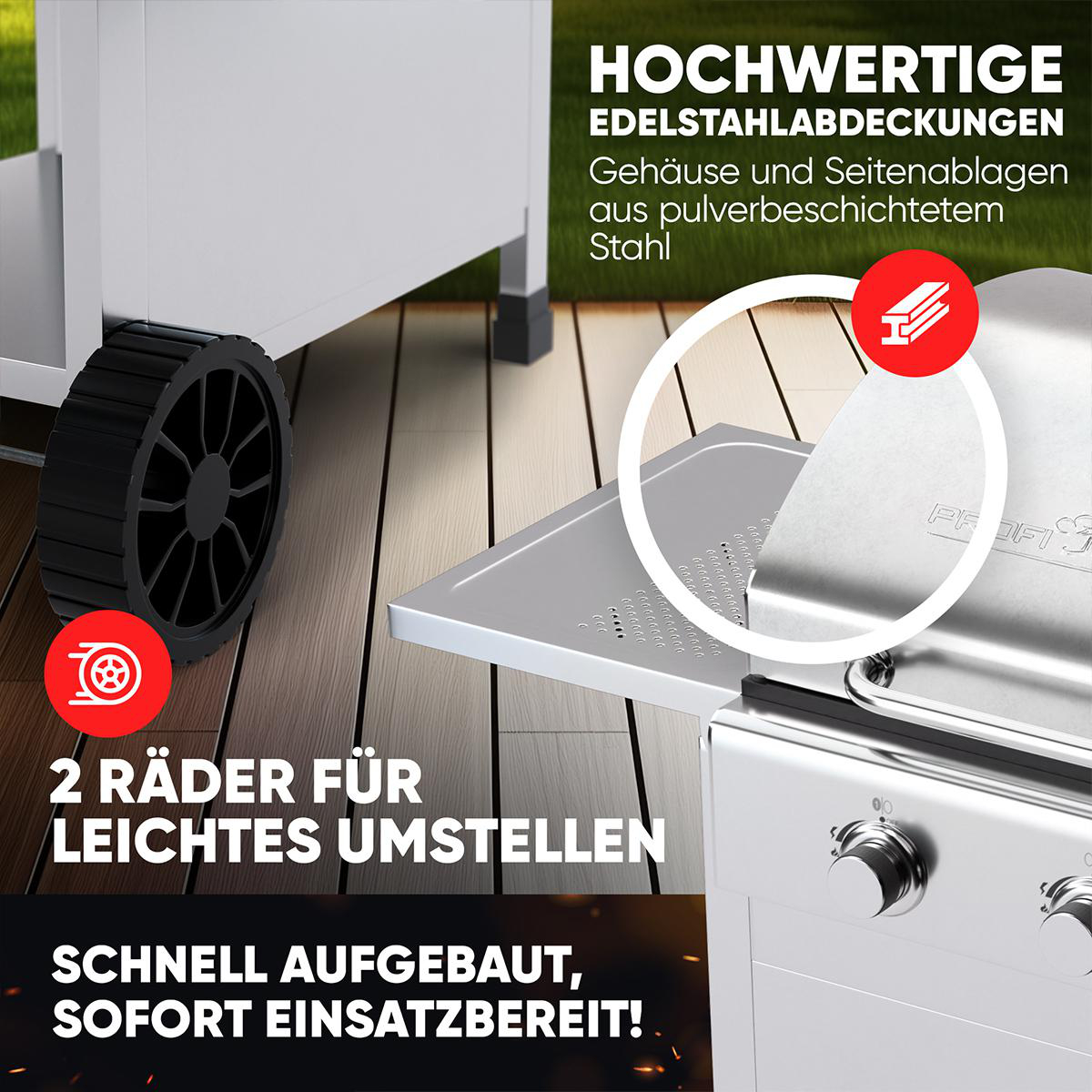 Grill mit Rädern, Seitenablage und Nahaufnahme von Seite und Rad.