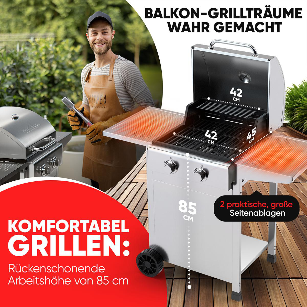 Ein Mann lächelt, steht in der Nähe eines silbernen Gasgrills mit offenen Seitentischen, Text über Grillkomfort ist sichtbar.