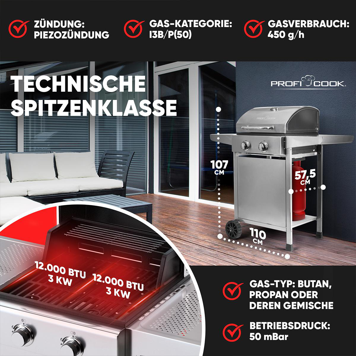 Gasgrill mit Spezifikationen: 107cm hoch, 110cm breit, 450g/h Gasverbrauch.