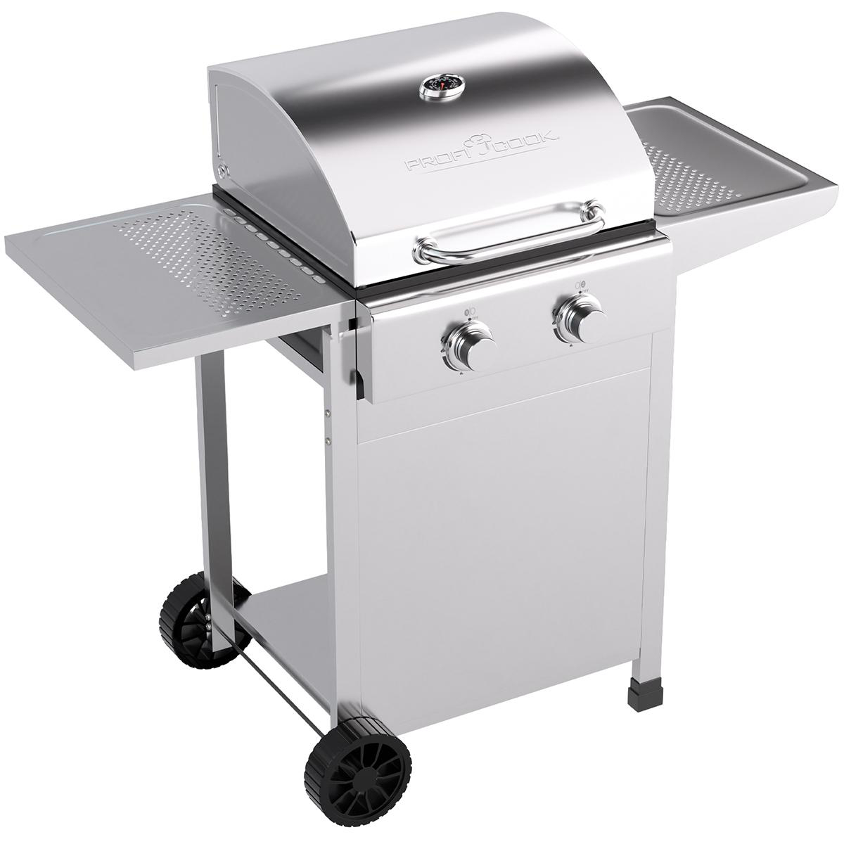 Gasgrill aus Edelstahl mit zwei Brennern.