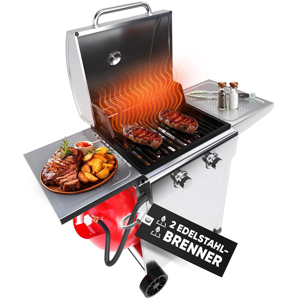 Grill aus Edelstahl mit Steaks, Kartoffeln und Gewürzen, Flammen steigen auf, mit roter Propangasflasche.