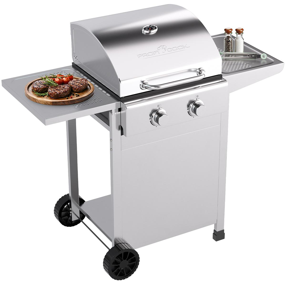 Gasgrill aus Edelstahl mit zwei Brennern, einer Seitenablage und einem kleinen Serviertablett.