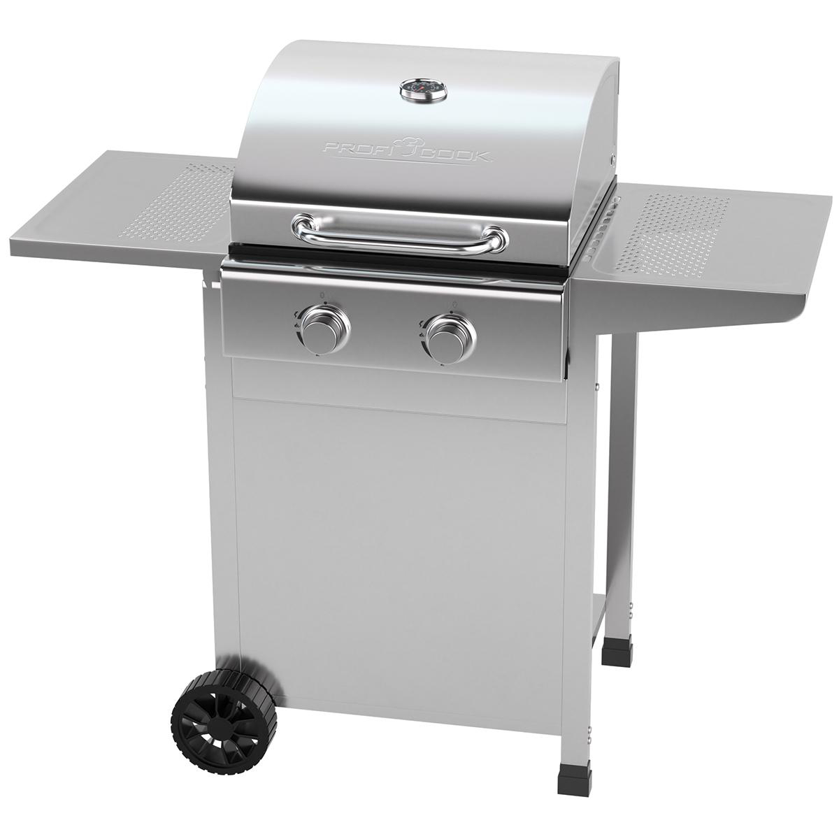 Silberner Grill mit Seitenablagen, eine mit Zangen und Gewürzen, und geschlossenem Deckel.