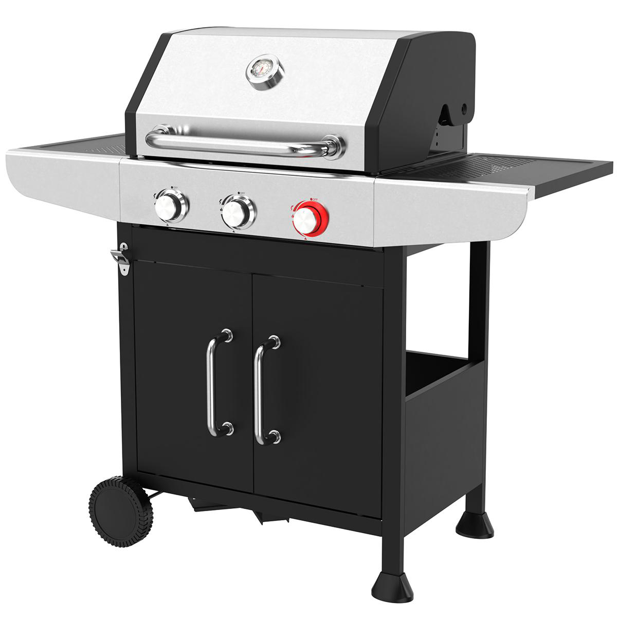 Ein Edelstahlgrill mit schwarzem Schrank und Rädern.