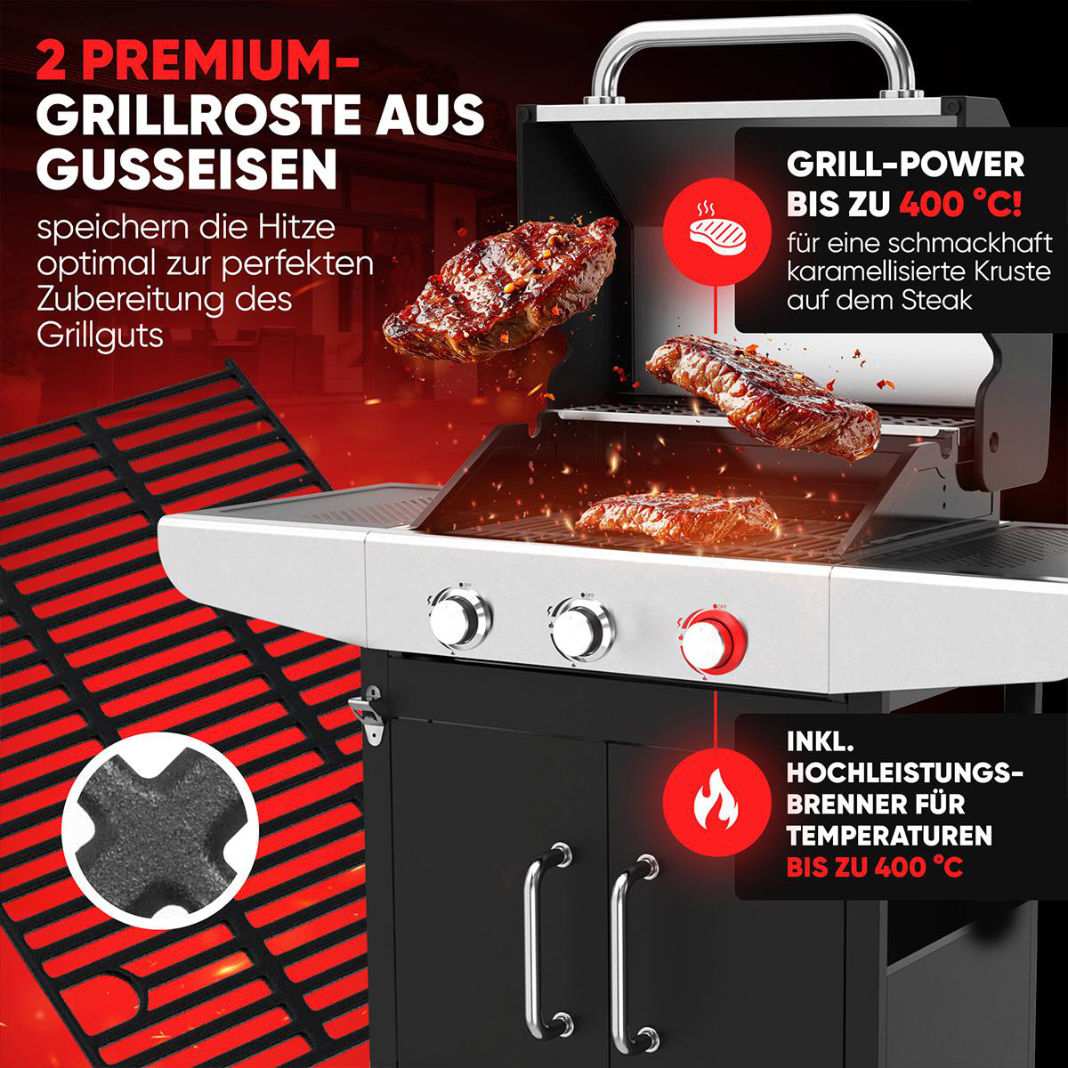 Ein Grill mit einem Steak auf dem Grill. Nahaufnahme von Grillrosten und Steak.
