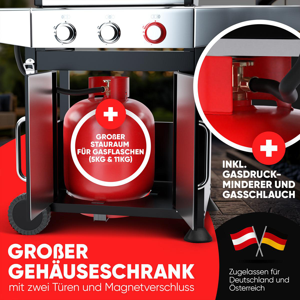 Gasgrill mit roter Gastank. Text: Großer Stauraum für Gasflaschen. Zulassung für Deutschland und Österreich.