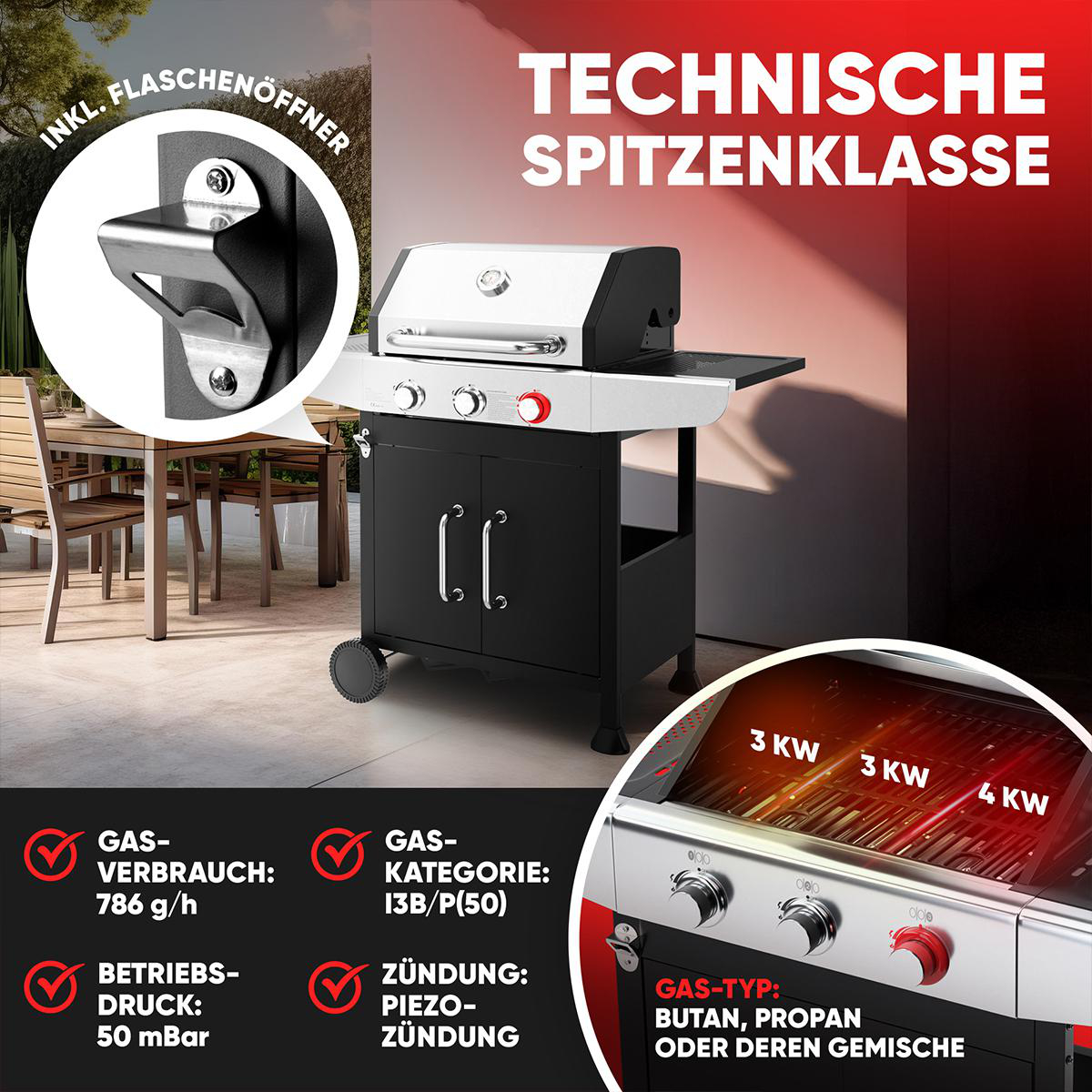 Schwarzer und roter Gasgrill mit Flaschenöffner, Detailaufnahme des Grills.