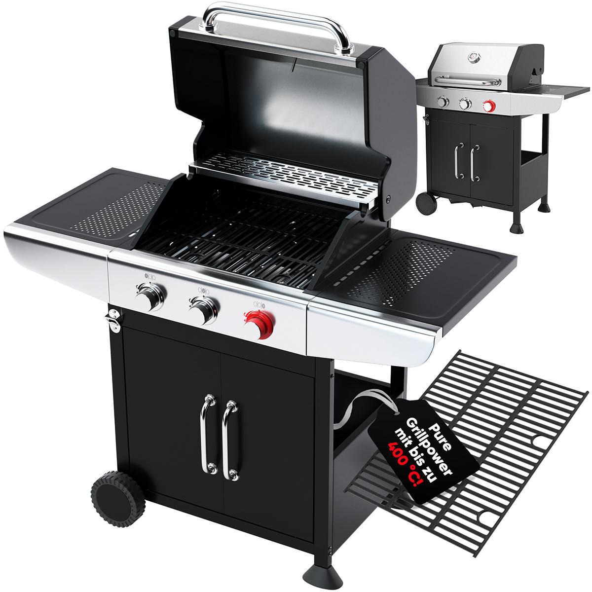 Ein schwarz-silberner Grill mit zwei Kochflächen und einem Wagen.