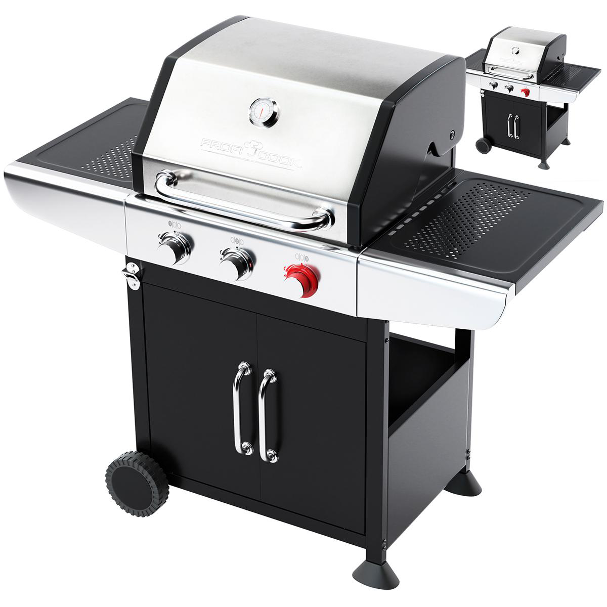 Ein schwarzer und silberner Grill mit Seitenablagen und geschlossenem Deckel. Eine Seite Rad.