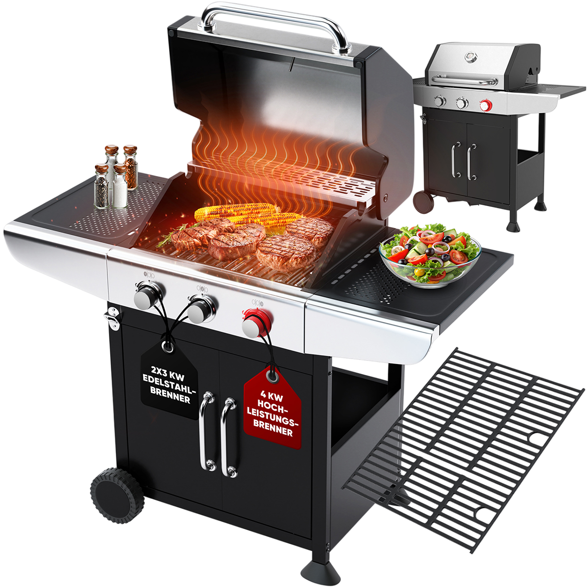 Grill mit Essen, zwei Grills und einer Schüssel Salat, schwarzer Hintergrund.