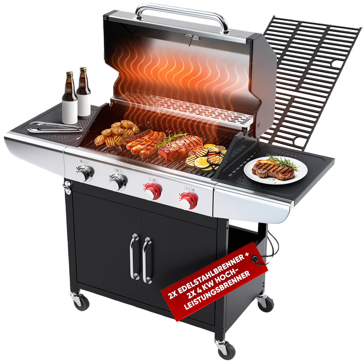 Ein Gasgrill mit Essen. Enthält Steaks, Gemüse und Bierflaschen an der Seite.