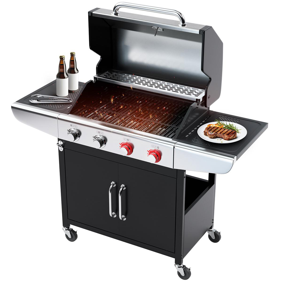 Ein schwarzer und silberner Gasgrill mit zwei Flaschen und Zangen.
