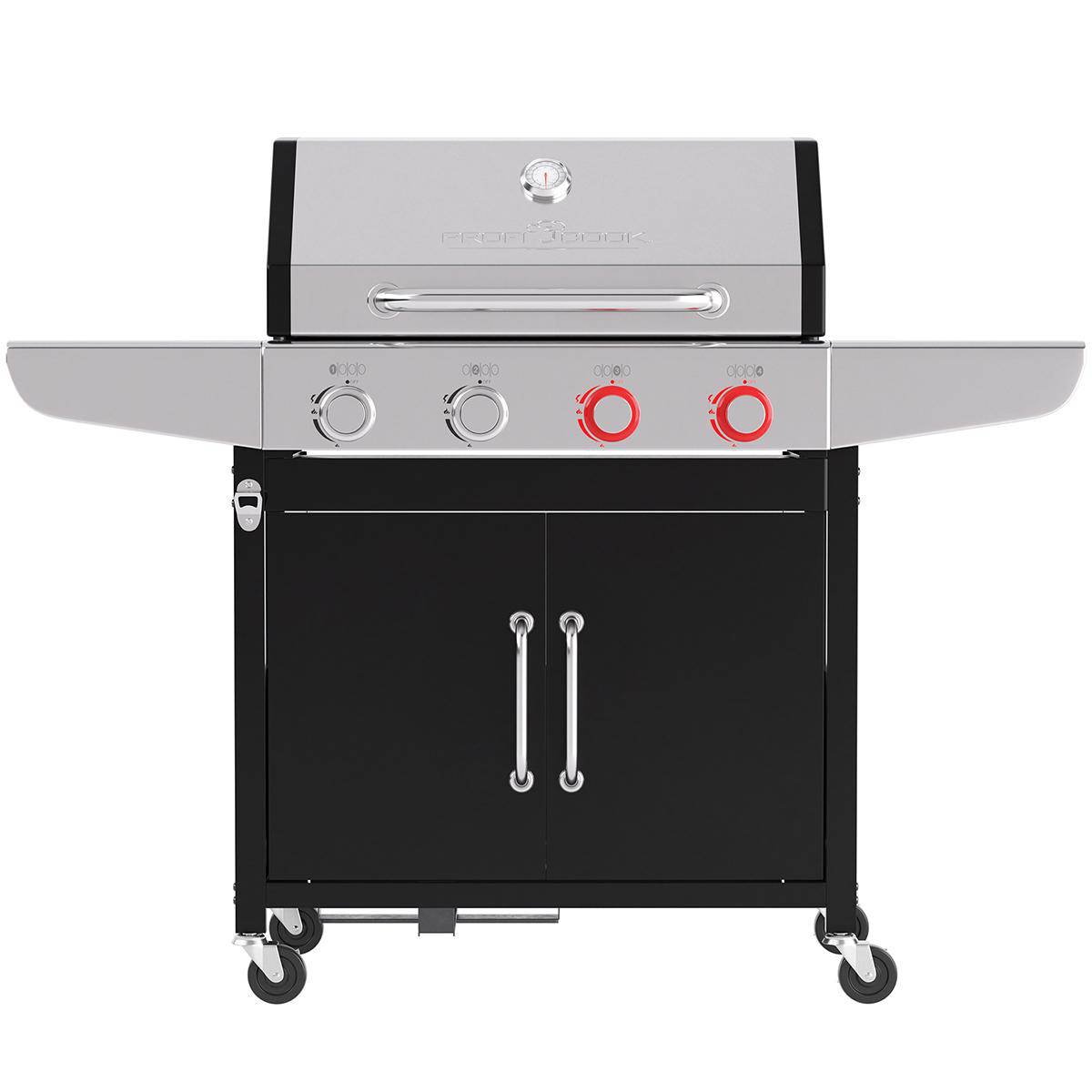 Ein schwarzer und silberner Grill mit drei roten Knöpfen und zwei schwarzen Türen.