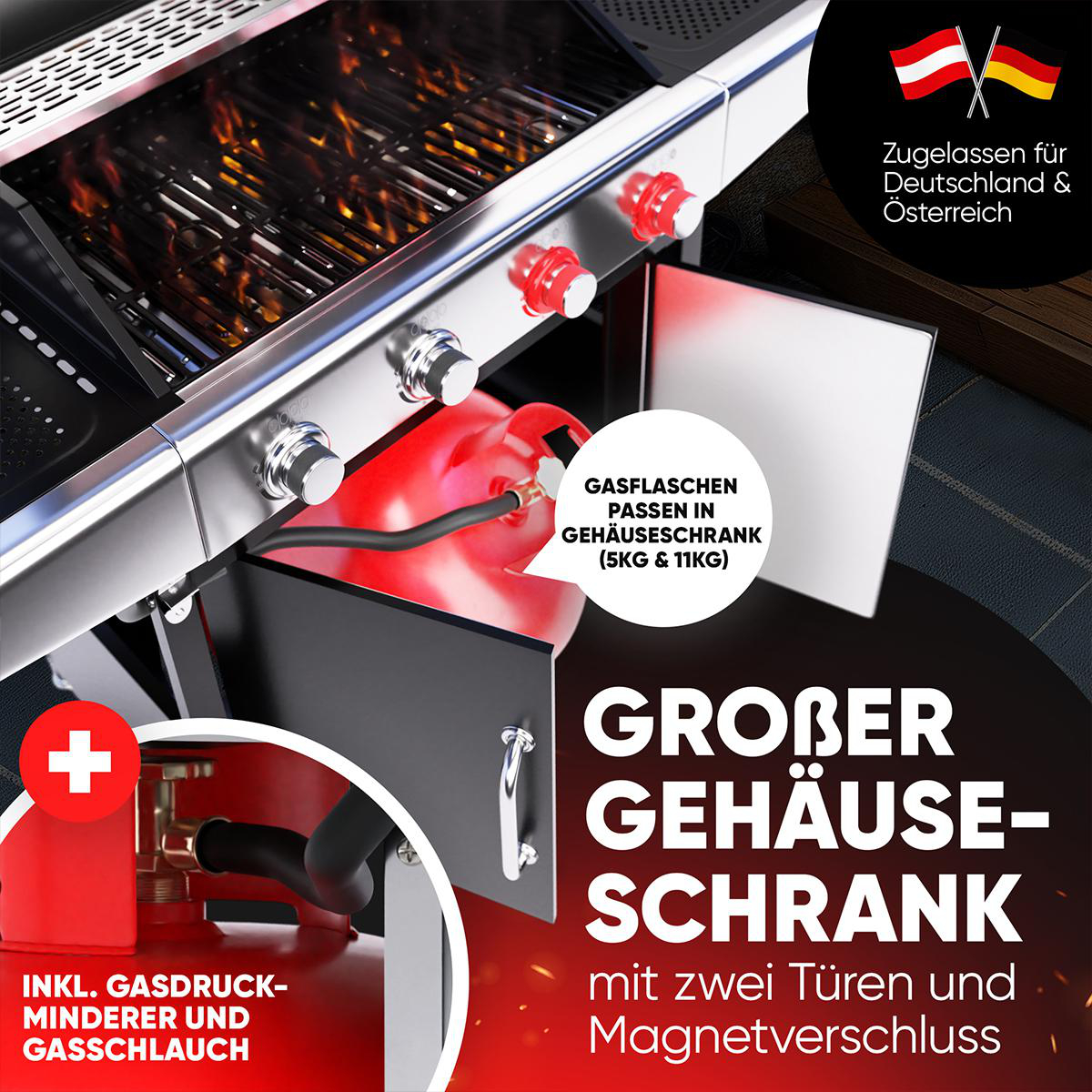 Gasgrill mit roter Gasflasche und Text auf Deutsch.