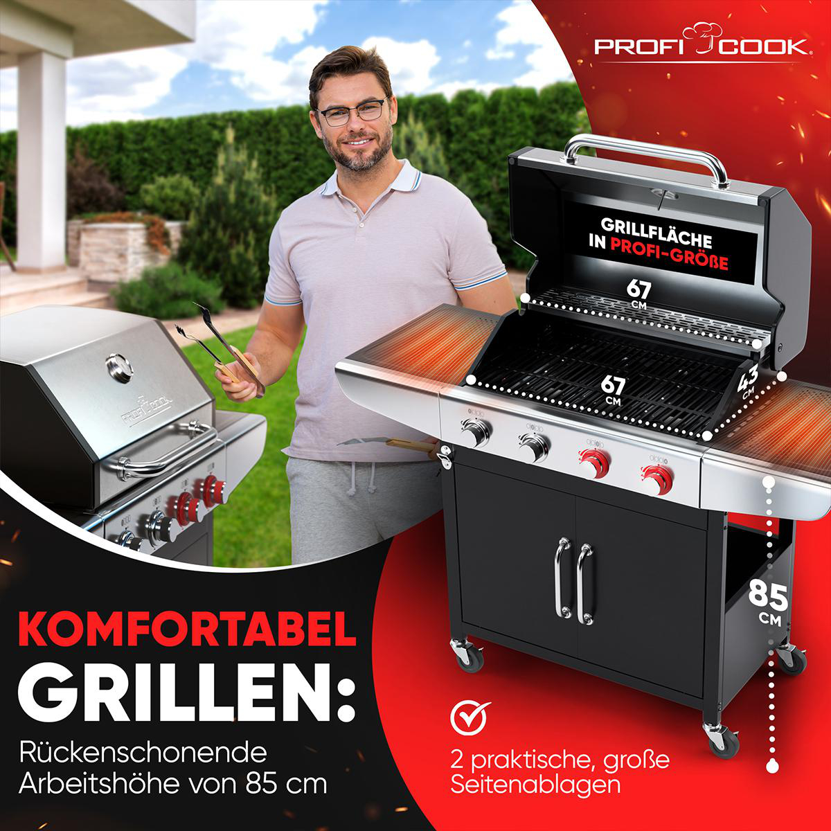 Ein Mann grillt auf einem schwarzen Grill. Abmessungen sind sichtbar.