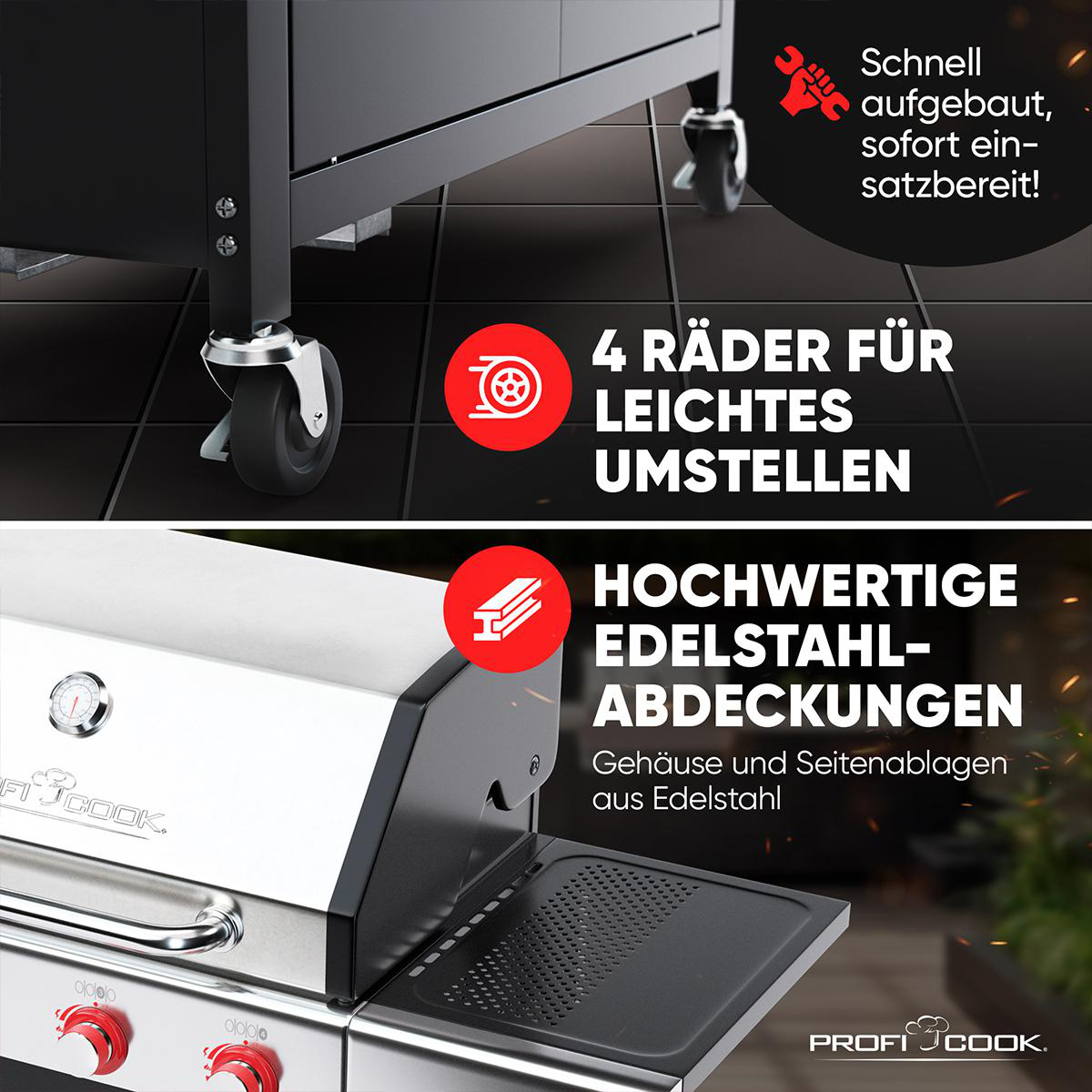 Räder und Text über 4 Räder für einfaches Umstellen sind sichtbar.