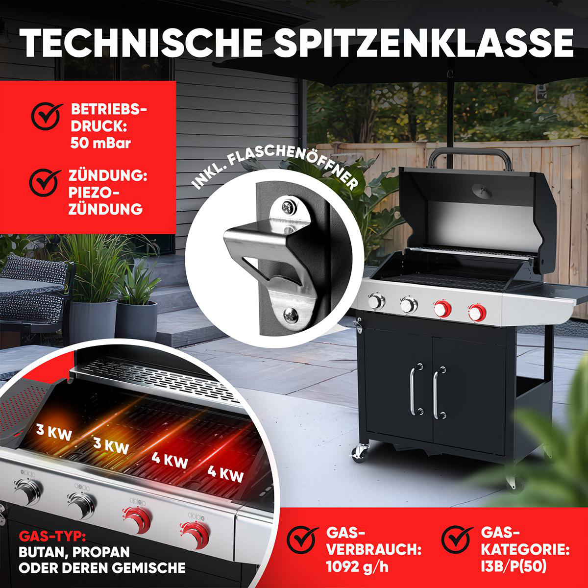 Schwarzer Grill mit roten Knöpfen, mit offenem Deckel. Text zeigt Details wie Gasart und Verbrauch. Ein Flaschenöffner ist montiert.