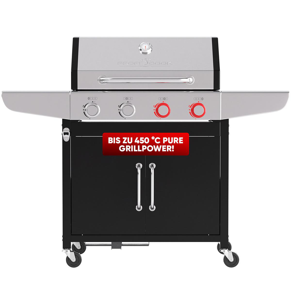 Schwarzer Grill mit drei roten Knöpfen und einem Schild mit der Aufschrift 'BIS ZU 450 °C PURE GRILLPOWER!'