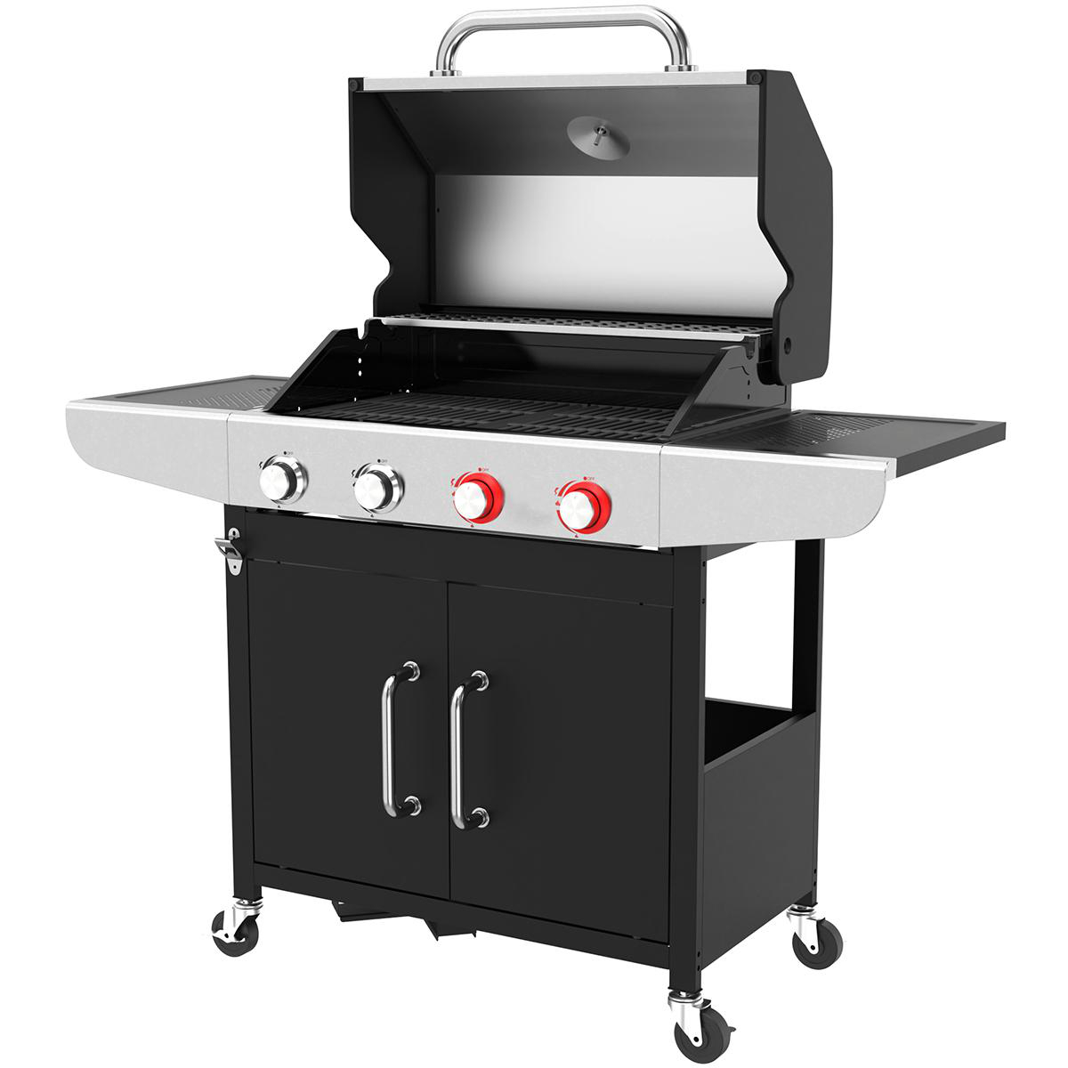 Ein schwarzer Gasgrill mit geschlossenem Schrank und offenem Deckel.