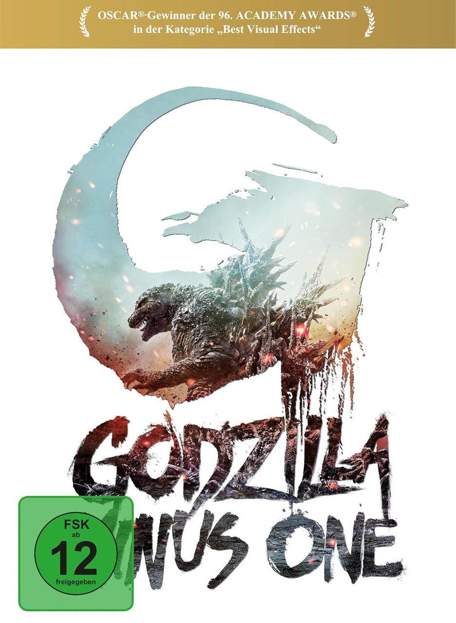 Godzilla Minus One DVD-Cover. Godzilla in Flammen, japanischer Text und ein Rating-Label.