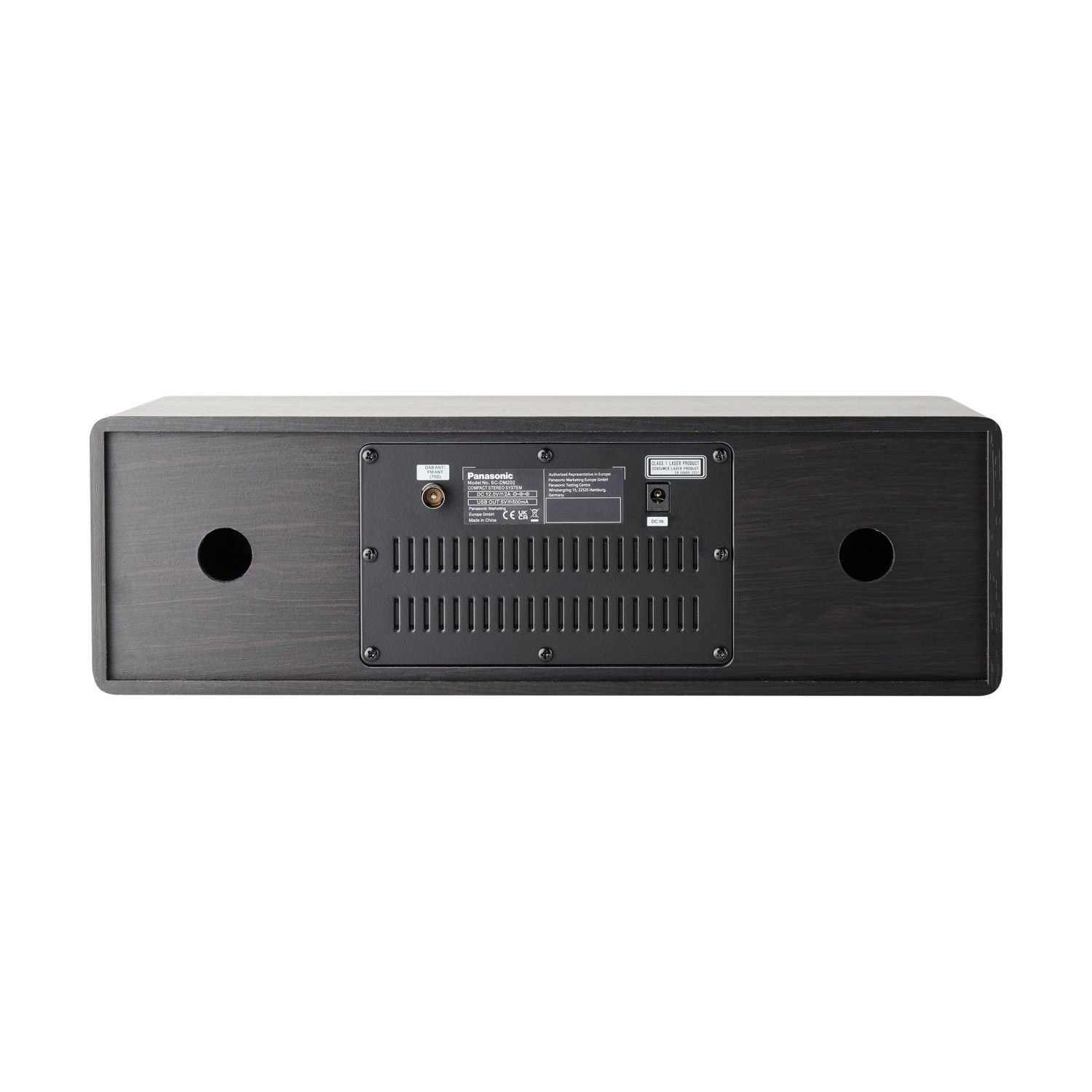 Ricevitore audio nero, vista posteriore. Dispone di varie porte ed etichette. Sfondo bianco.