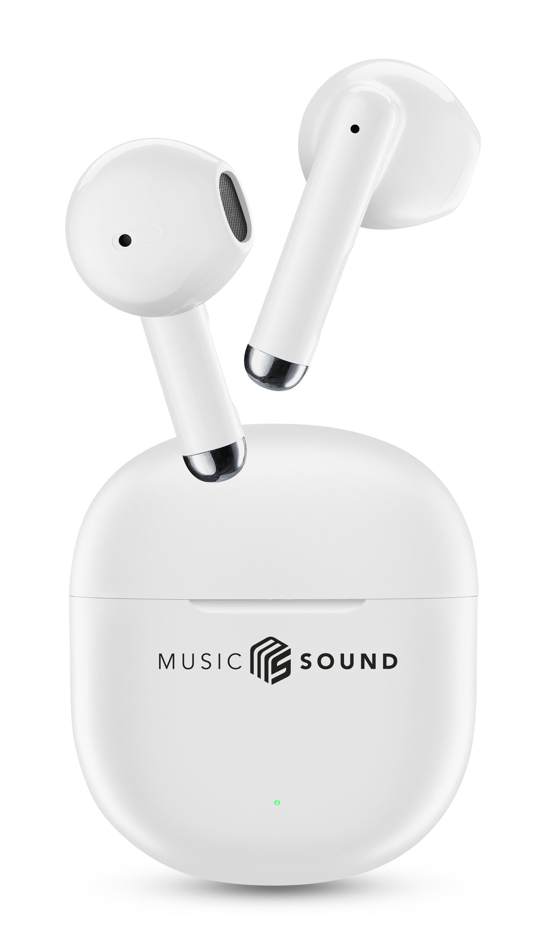 Beyaz kablosuz kulaklıklar ve beyaz zemin üzerine 'MUSIC SOUND' logosu bulunan şarj kutusu.