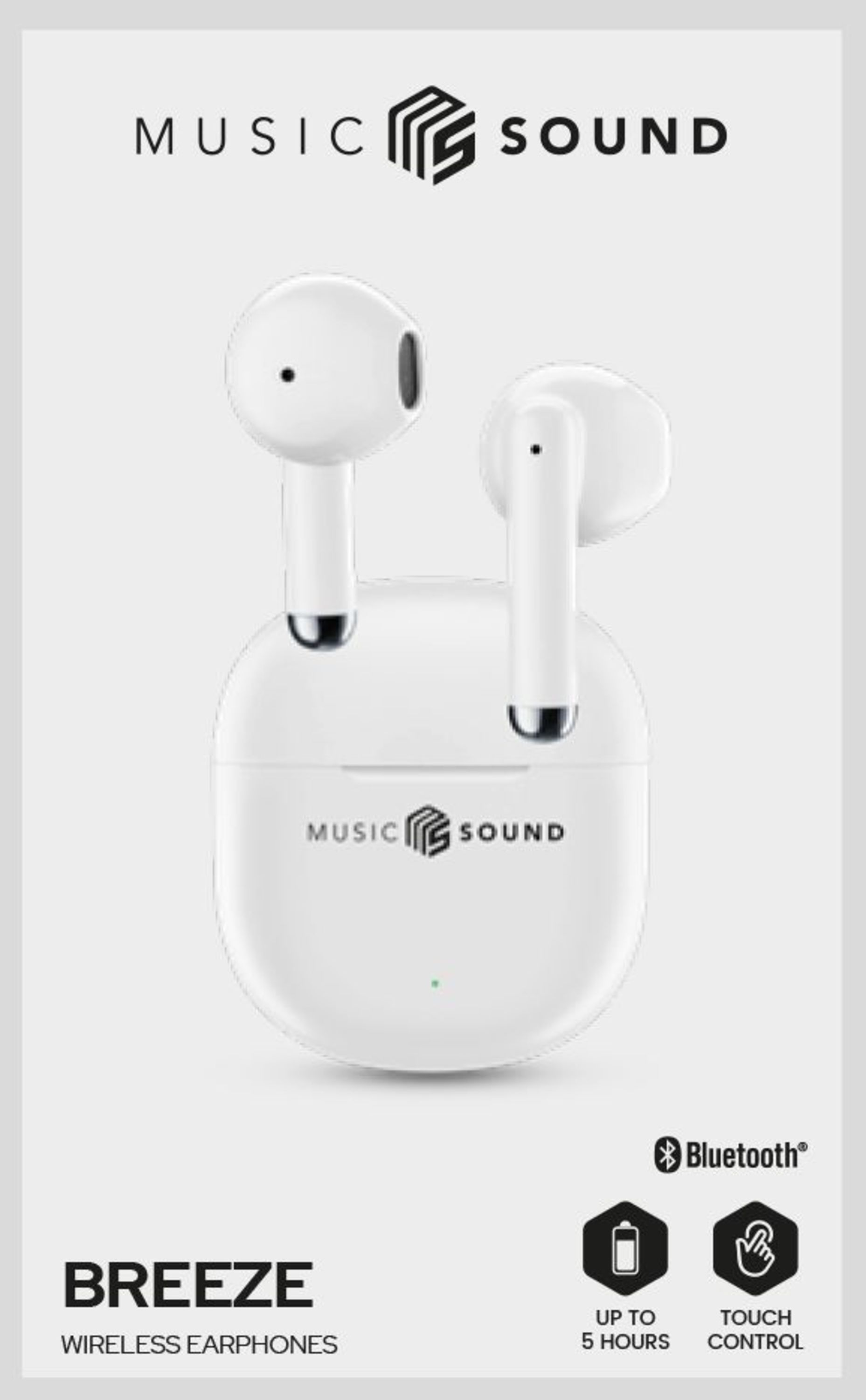 Şarj kutusunda beyaz kablosuz kulaklıklar. Kutu ve kutu üzerinde "Music Sound" markası.