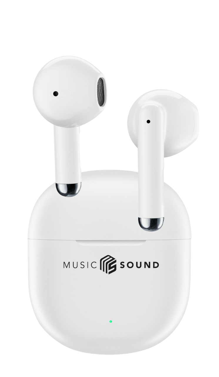 Şarj kutusunda beyaz kulaklıklar ve kutuda "MUSIC SOUND" yazıyor, beyaz zemin.