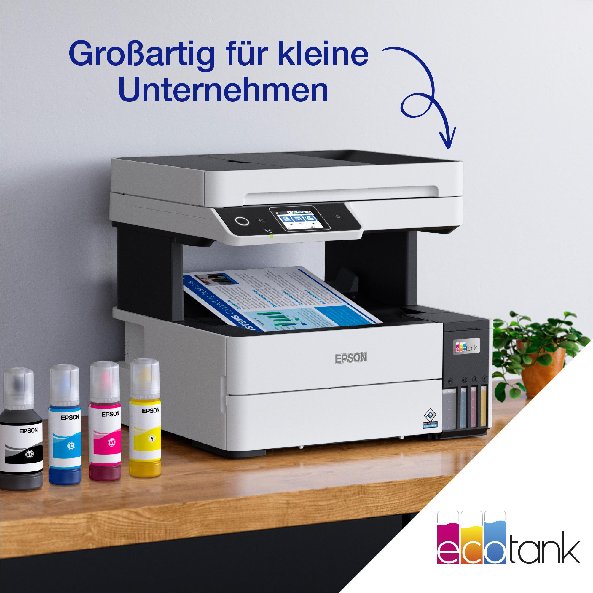 Ein Epson-Drucker mit Tintenflaschen. Text sagt 'Großartig für kleine Unternehmen' und 'ecotank'.