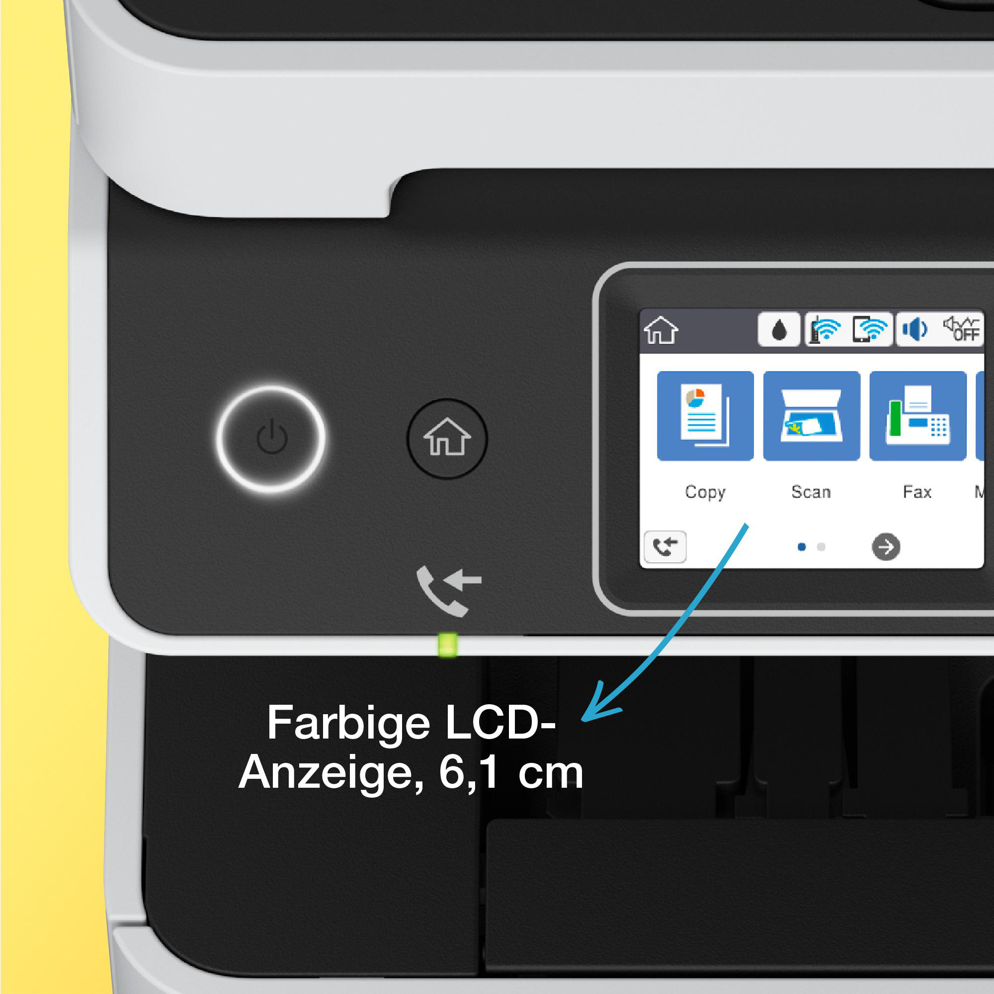 Nahaufnahme des Bedienfelds eines Druckers mit einem kleinen Display. Das Display zeigt Symbole und Text.
