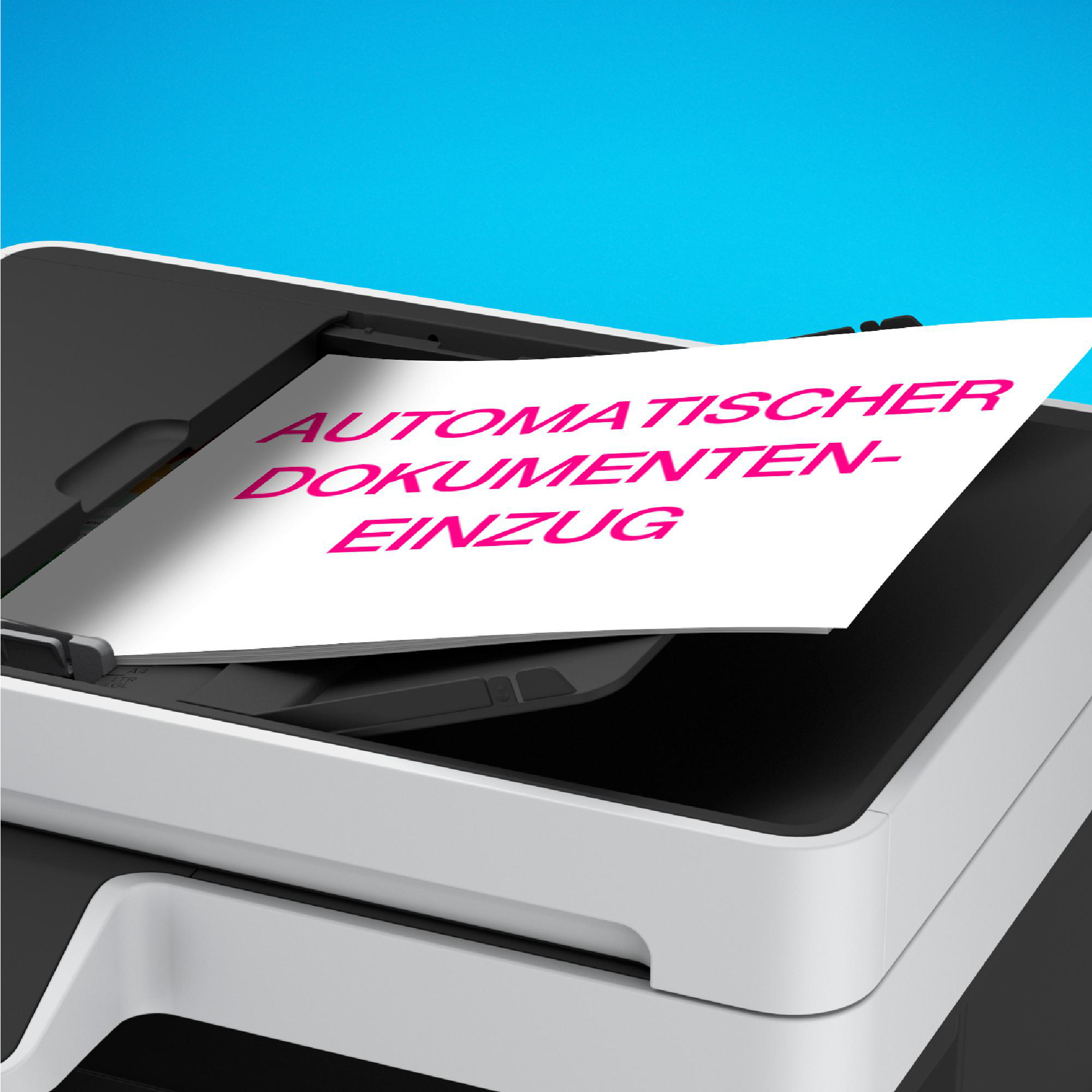 Ein Drucker mit Papier mit dem Text 'AUTOMATISCHER DOKUMENTENEINZUG' in rosa Schrift.