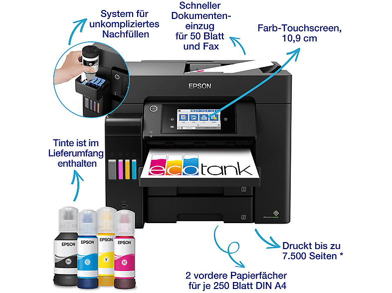 Thumbnail - EPSON EcoTank ET-5855 - nachfüllbarer 4-in-1 Tintentankdrucker inkl. Tinte, ADF, Duplex, Fax, Touchscreen, netzwerkfähig...