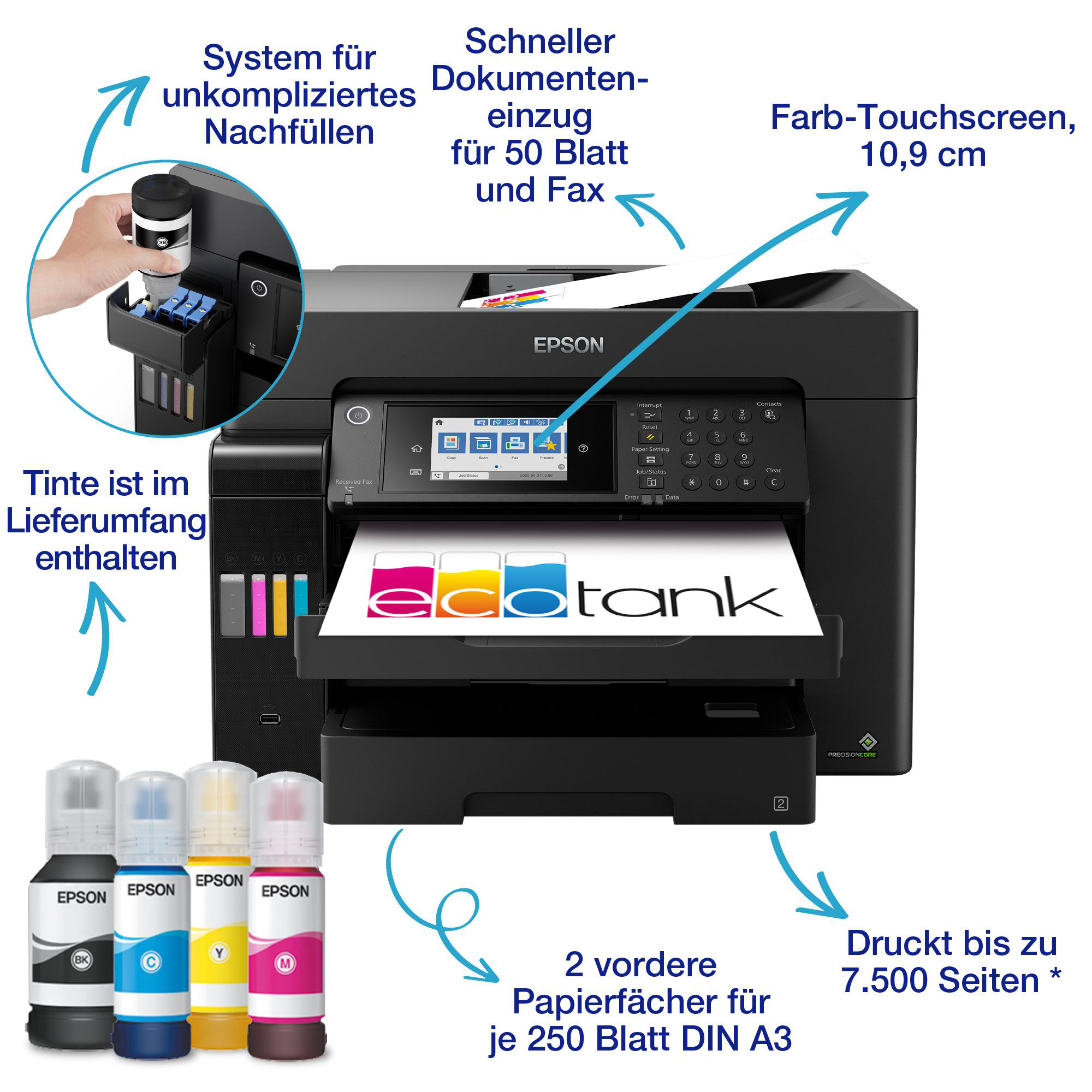 Epson-Drucker mit Tintenflaschen, Touchscreen und A3-Papierkapazität. Text hebt Funktionen hervor.