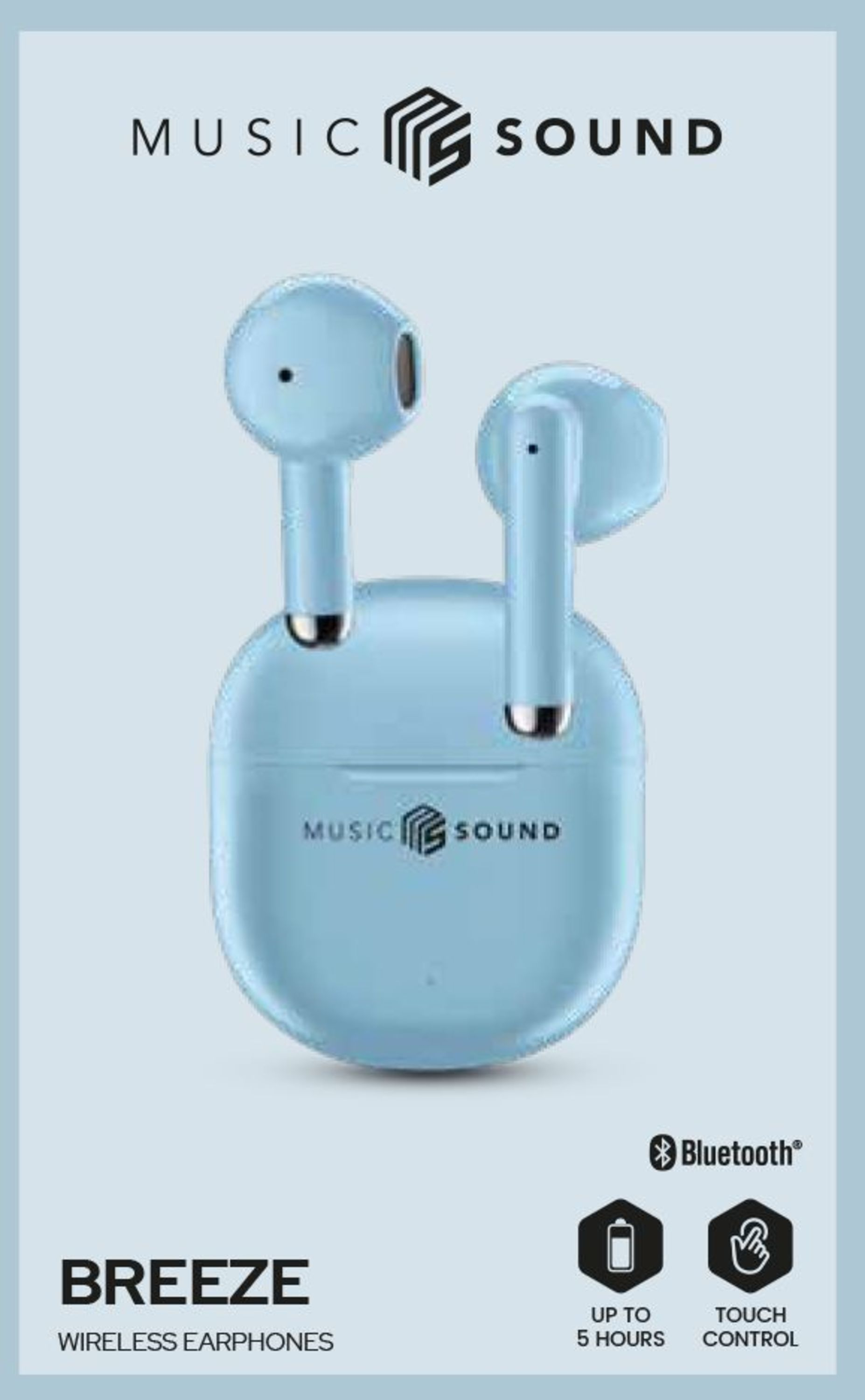Şarj kutusunda mavi kablosuz kulaklıklar. Marka Music Sound, model Breeze.