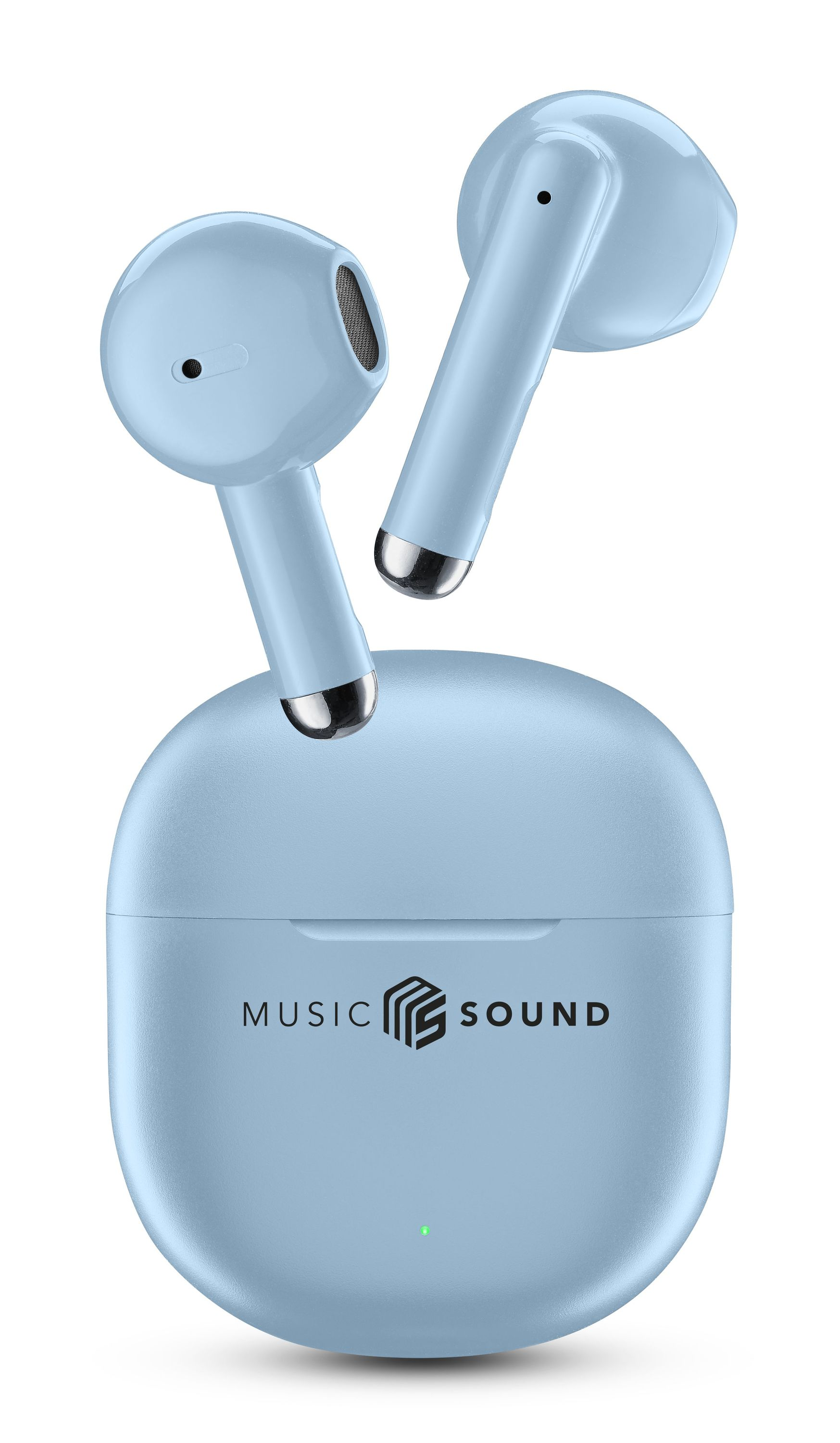 Kılıf üzerinde 'MUSIC SOUND' yazılı açık mavi kulaklıklar ve şarj kutusu.