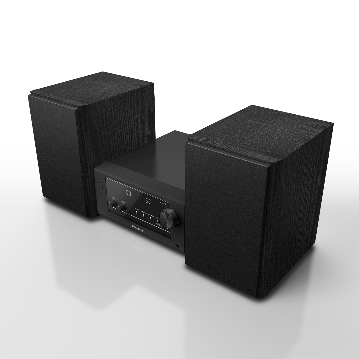 Impianto stereo nero con due altoparlanti e un'unità centrale. Lo sfondo è bianco.
