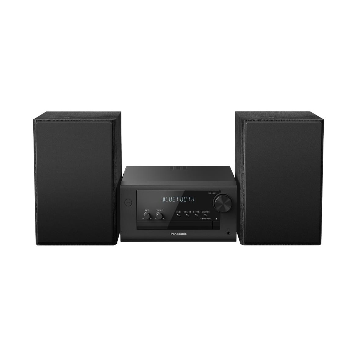 Impianto stereo con due altoparlanti, un'unità centrale e Bluetooth.