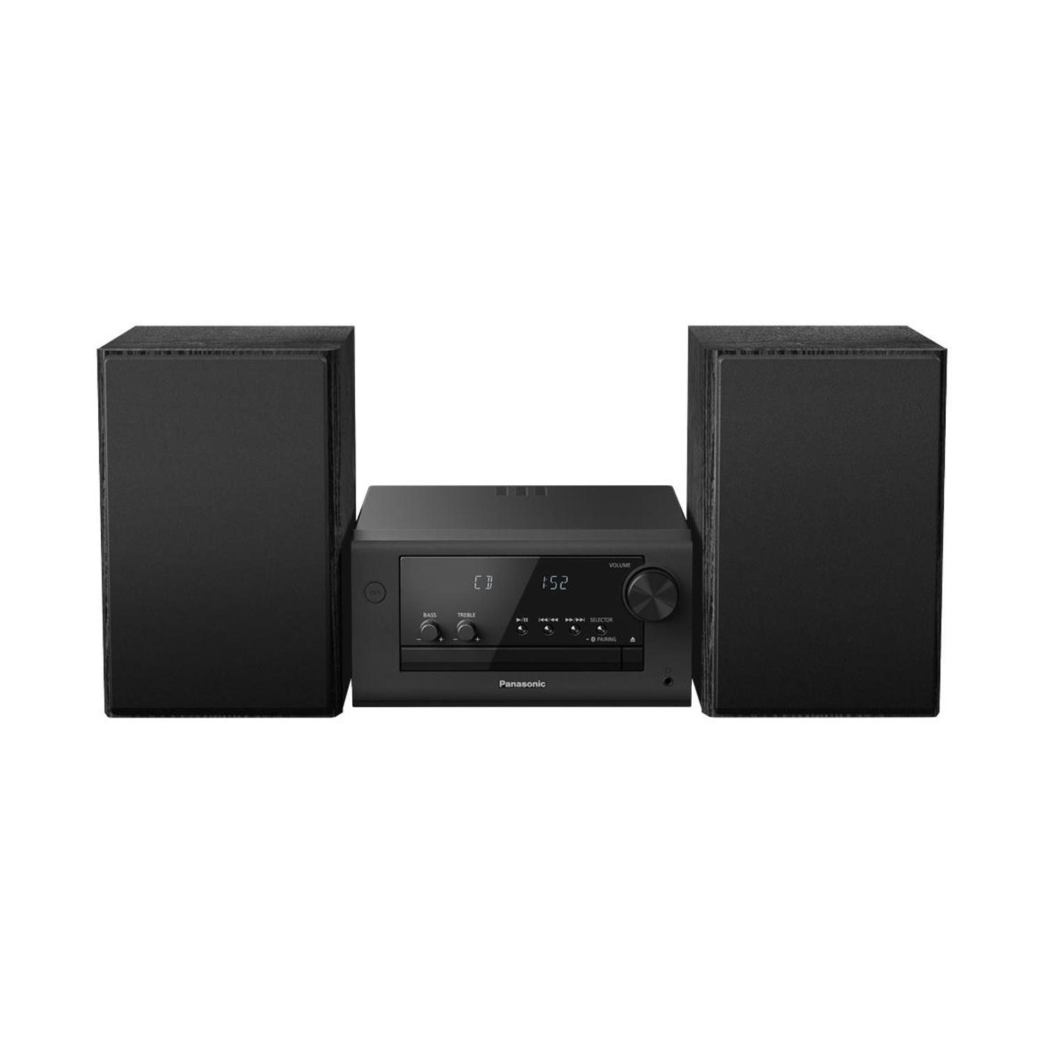 Impianto stereo nero con due altoparlanti. Il sistema ha un lettore CD.