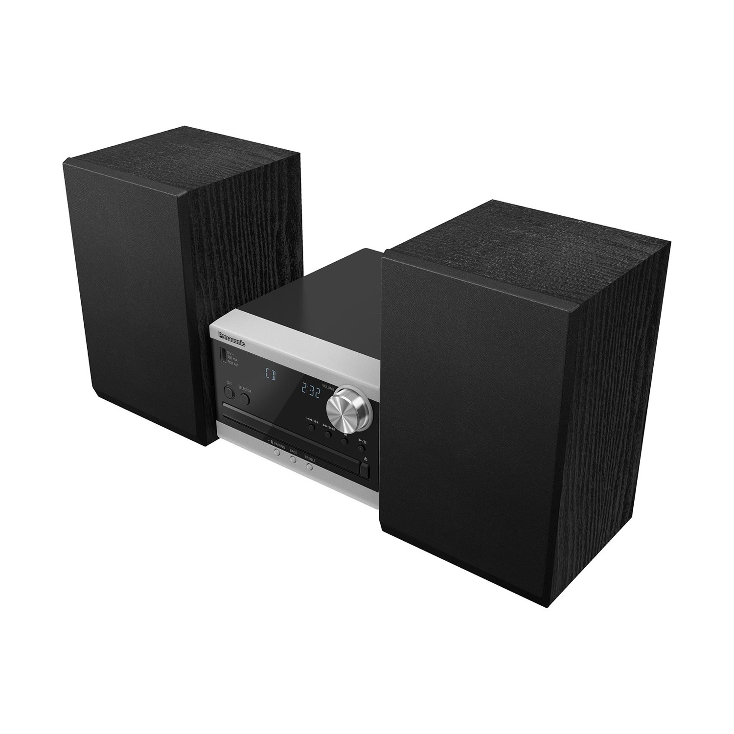 Un impianto stereo nero e argento con due altoparlanti.