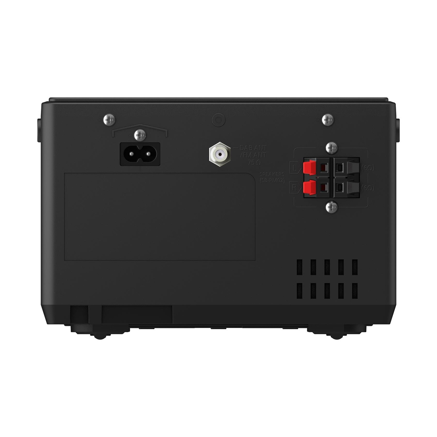 Retro di un impianto stereo nero con varie porte, inclusi ingressi altoparlanti e alimentazione.
