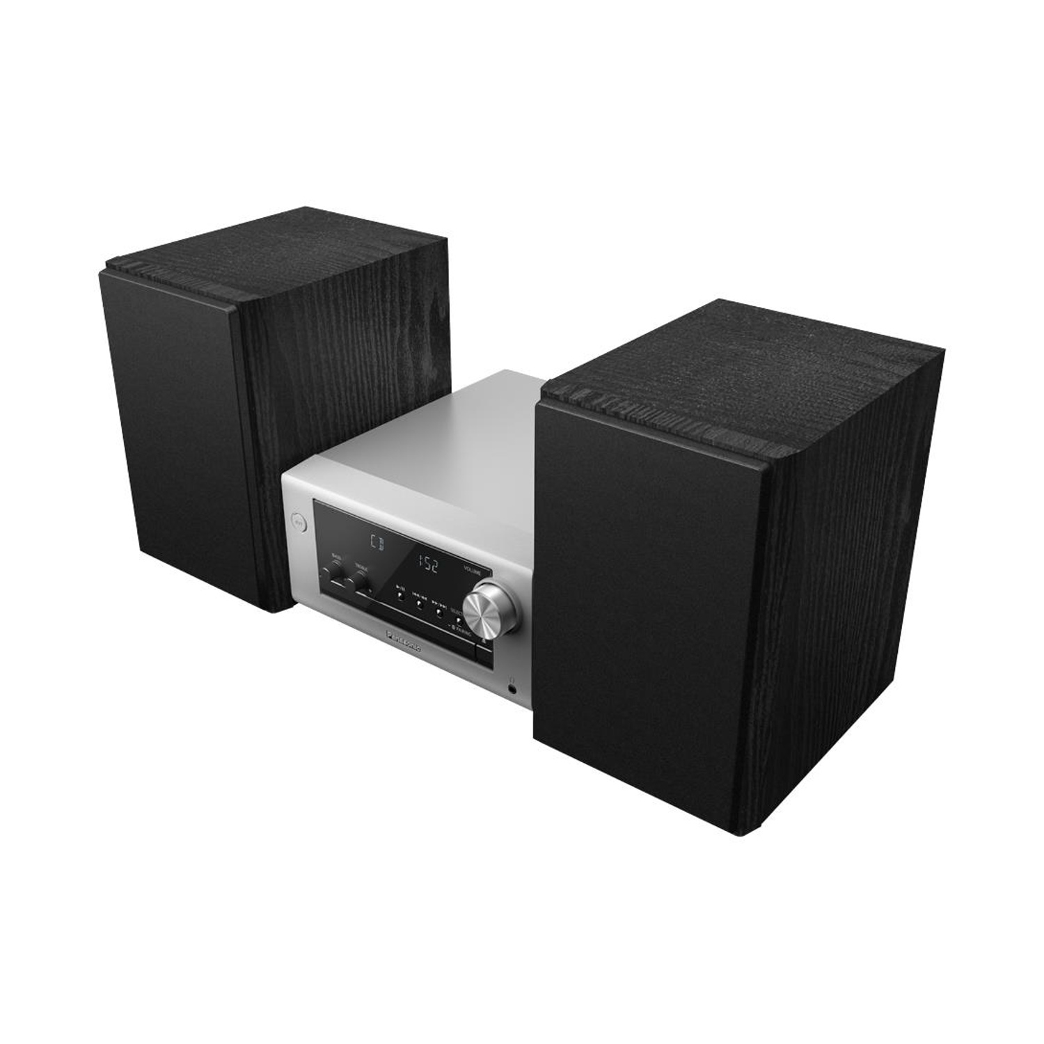 Un sistema stereo con due altoparlanti neri e un ricevitore argentato.
