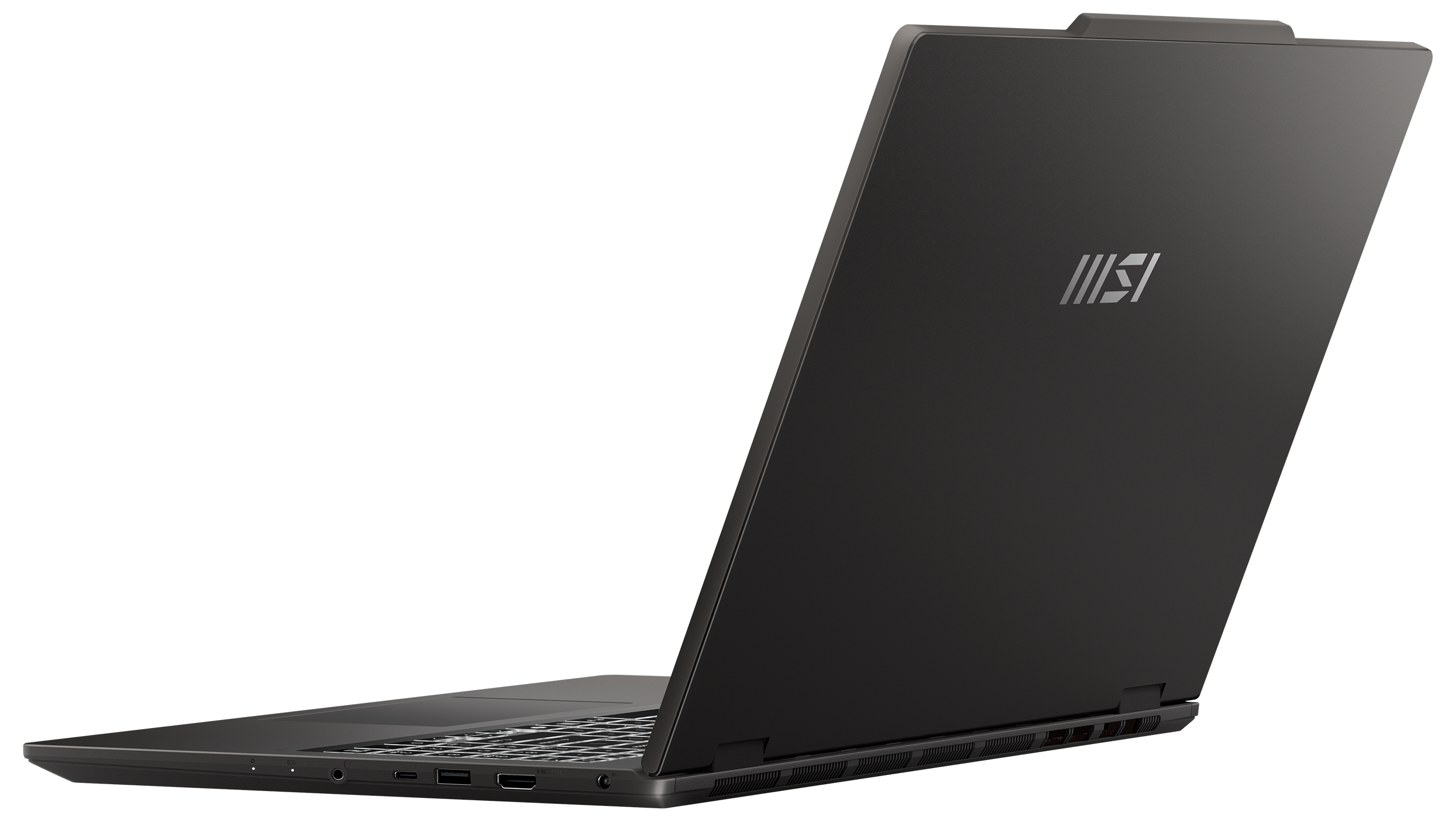 Geöffneter schwarzer Laptop mit Logo auf der Rückseite, vor schwarzem Hintergrund.