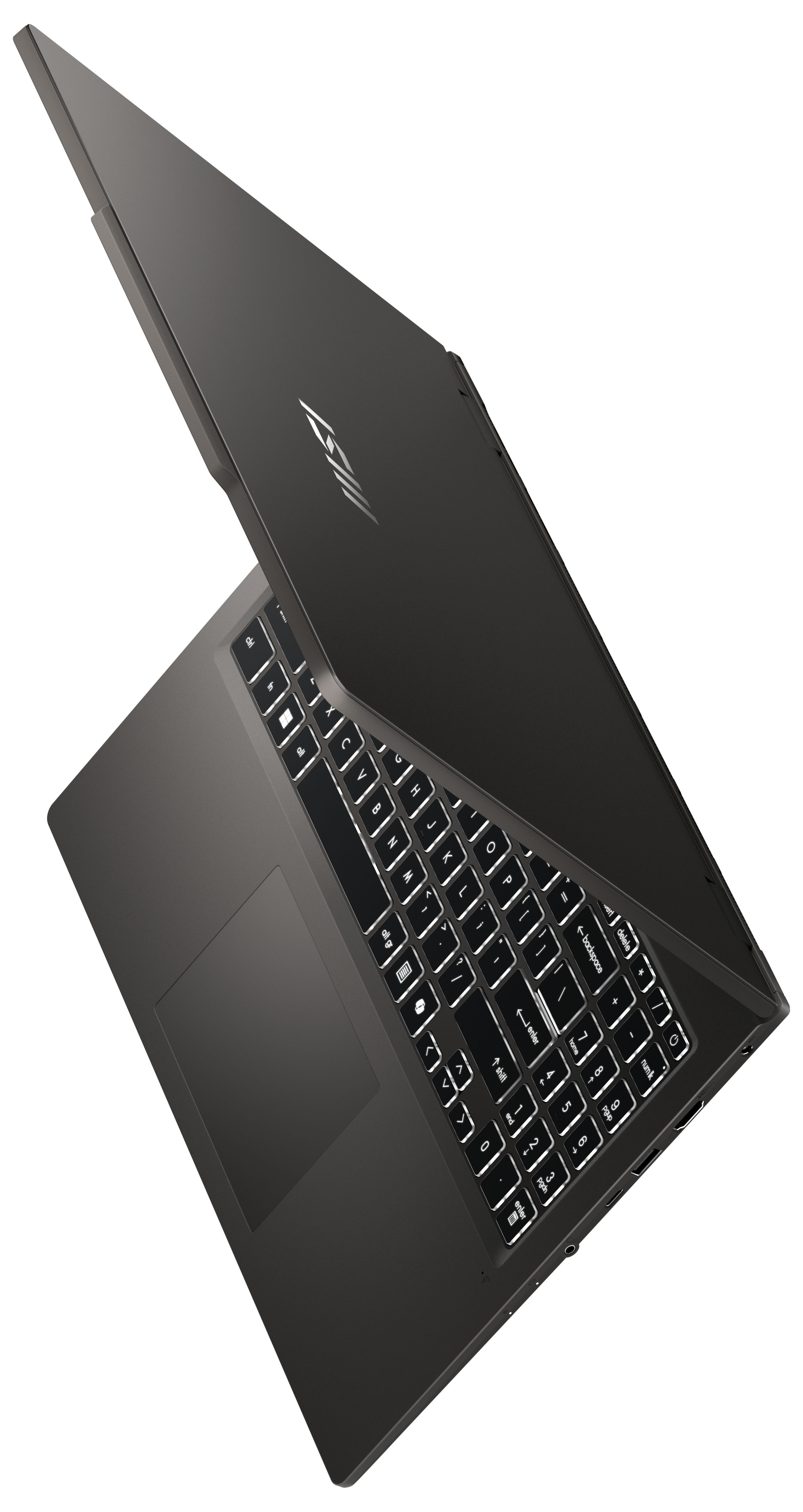 Ein Laptop mit teilweise geöffnetem Deckel, zeigt Tastatur und Bildschirm.