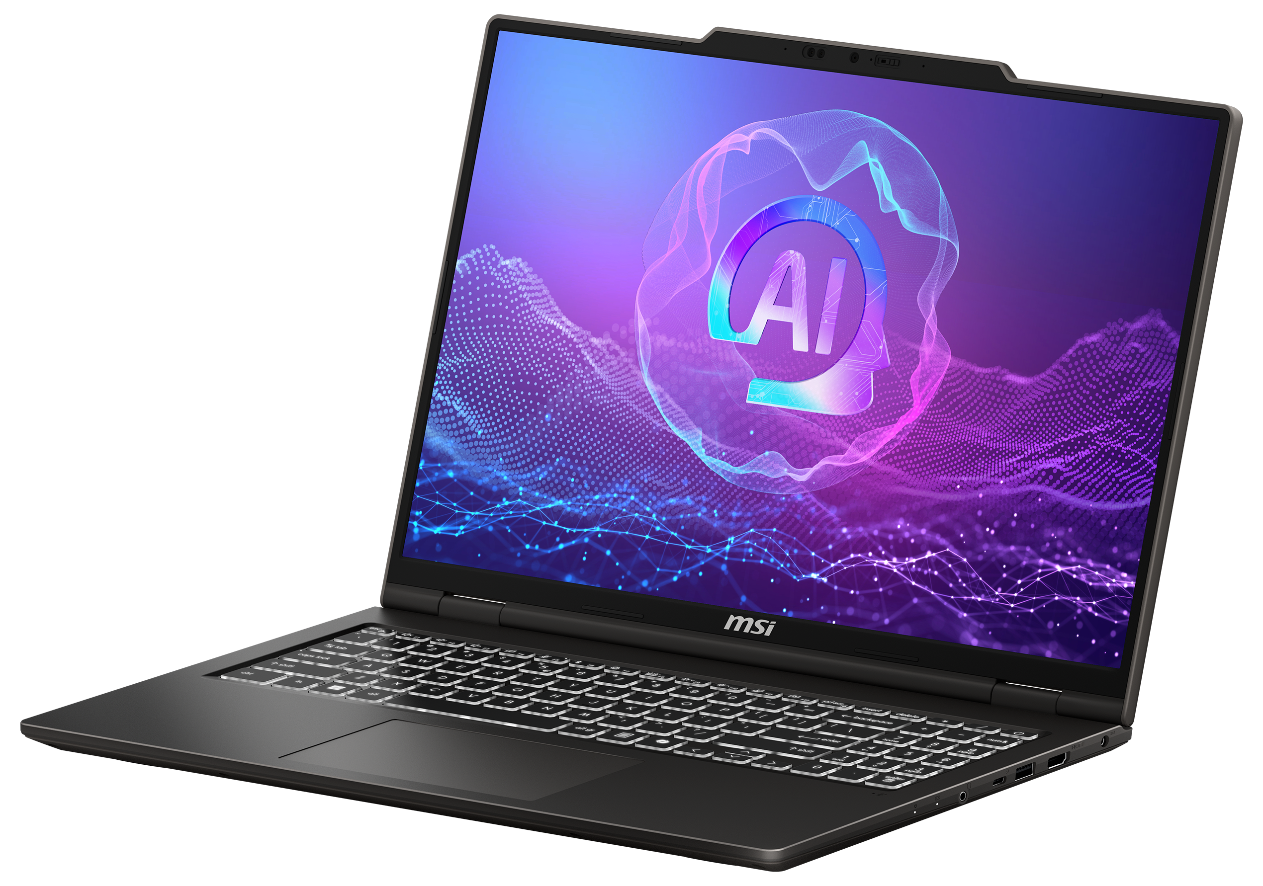 Ein schwarzer Laptop mit offenem Bildschirm, der ein farbenfrohes 'KI'-Logo zeigt.