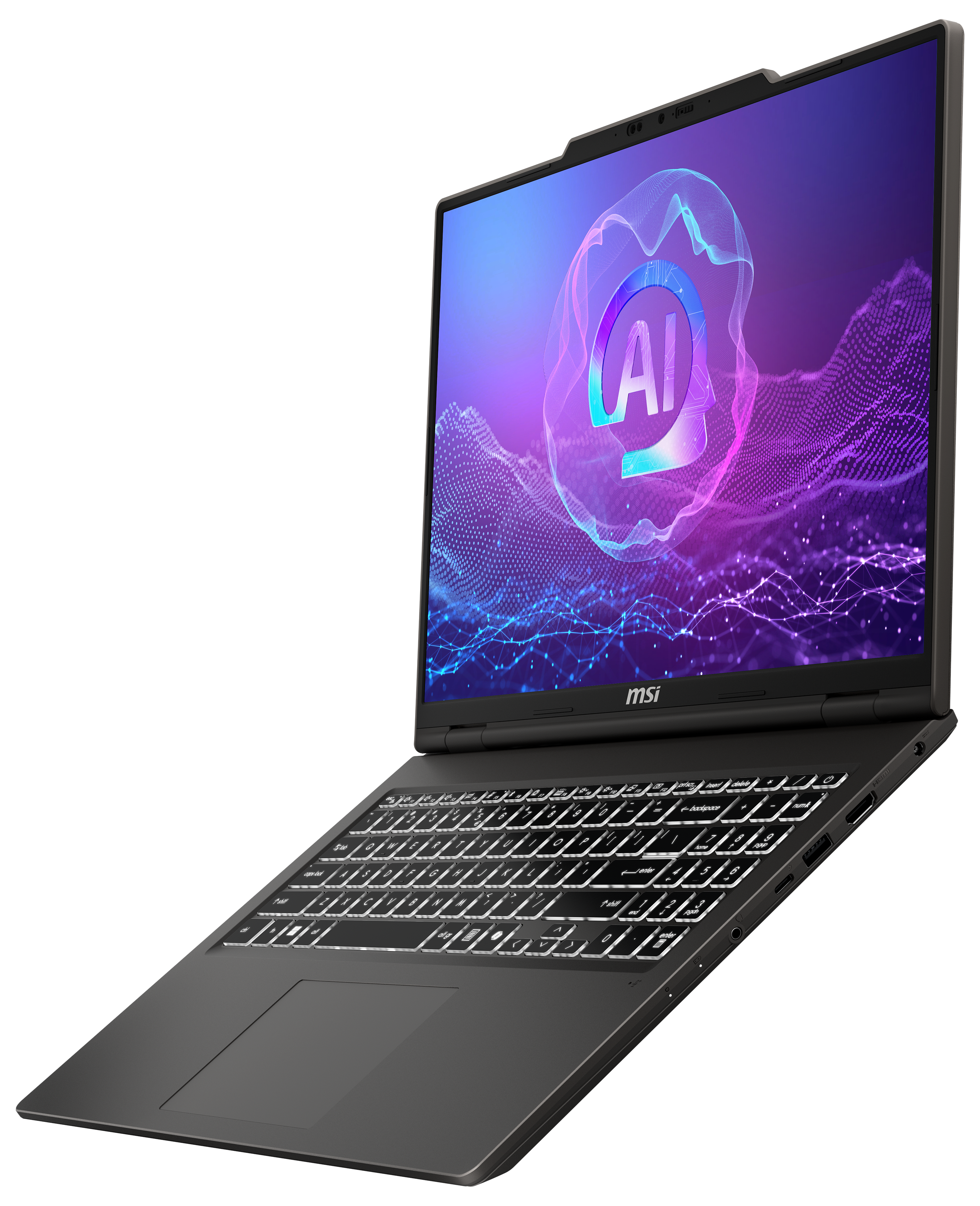 Laptop angewinkelt geöffnet, mit AI-Logo. Schwarzes Gehäuse.