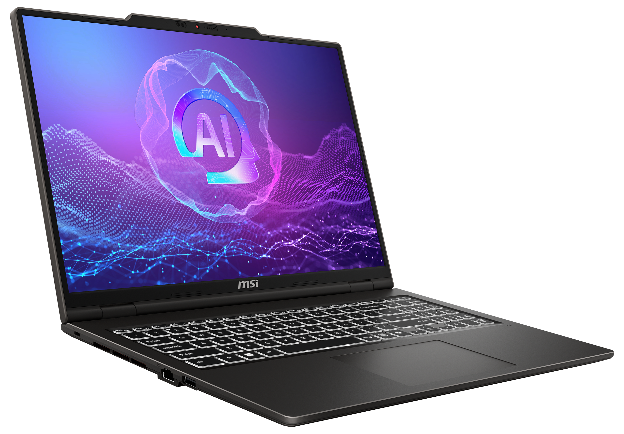 Schwarzer Laptop mit einem Bildschirm, der eine farbenfrohe KI-Grafik anzeigt, und leuchtenden Tasten.