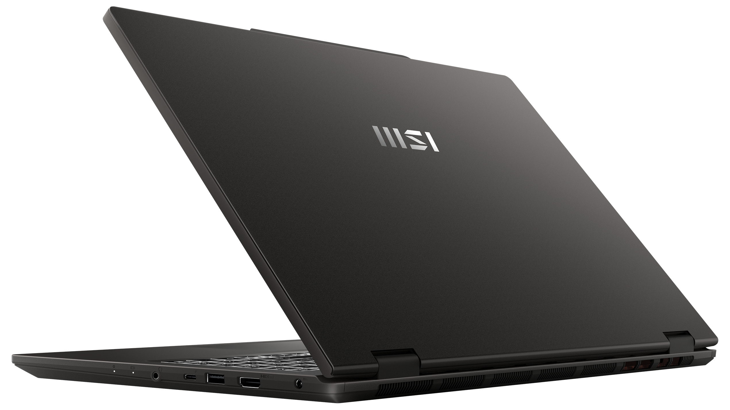 Schwarzer Laptop mit nach oben zeigender Rückseite und geöffnetem Bildschirm.