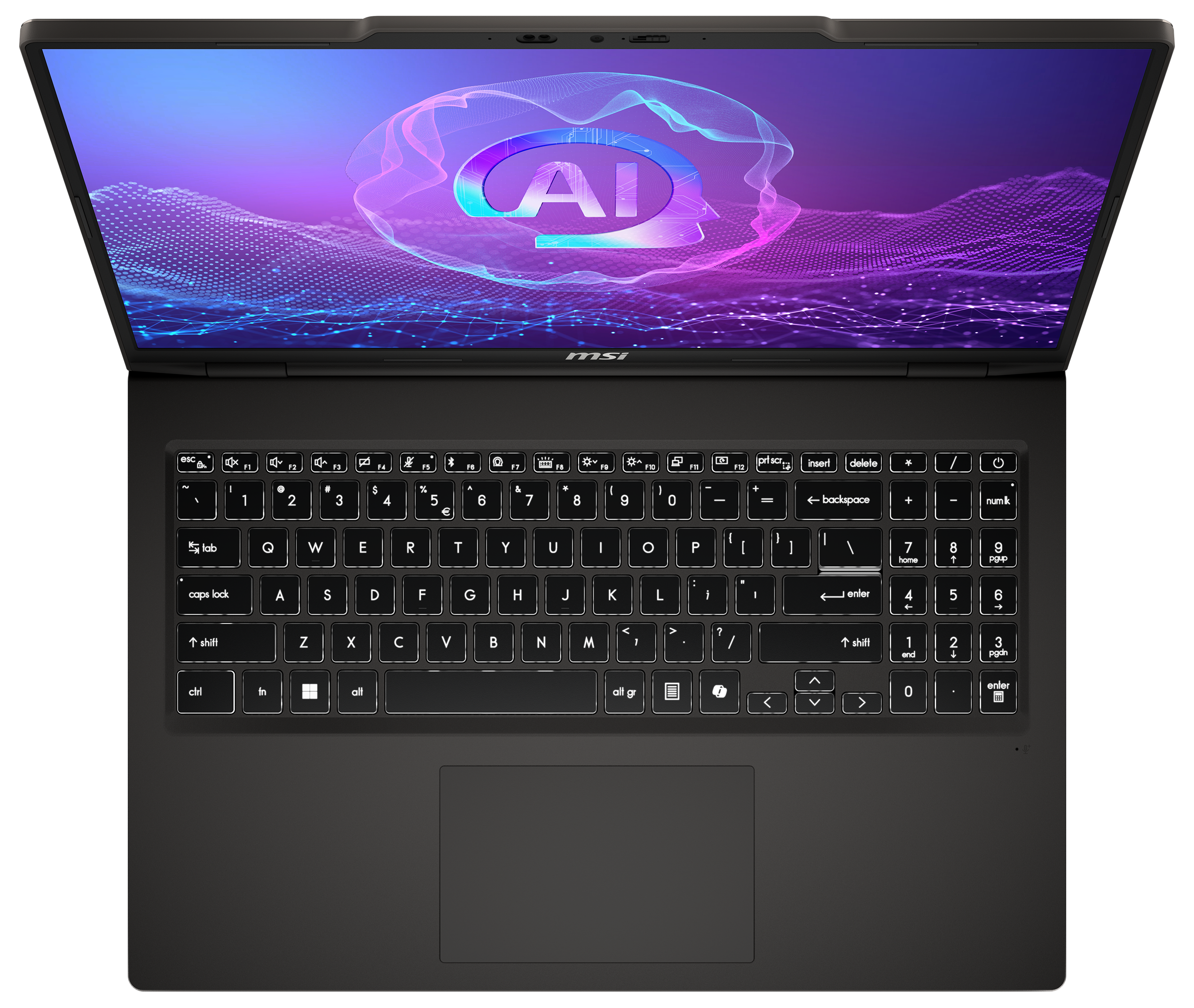 Schwarzer Laptop, Tastatur sichtbar, Bildschirm zeigt AI-Text. Hintergrund ist dunkel mit Farbverlauf.