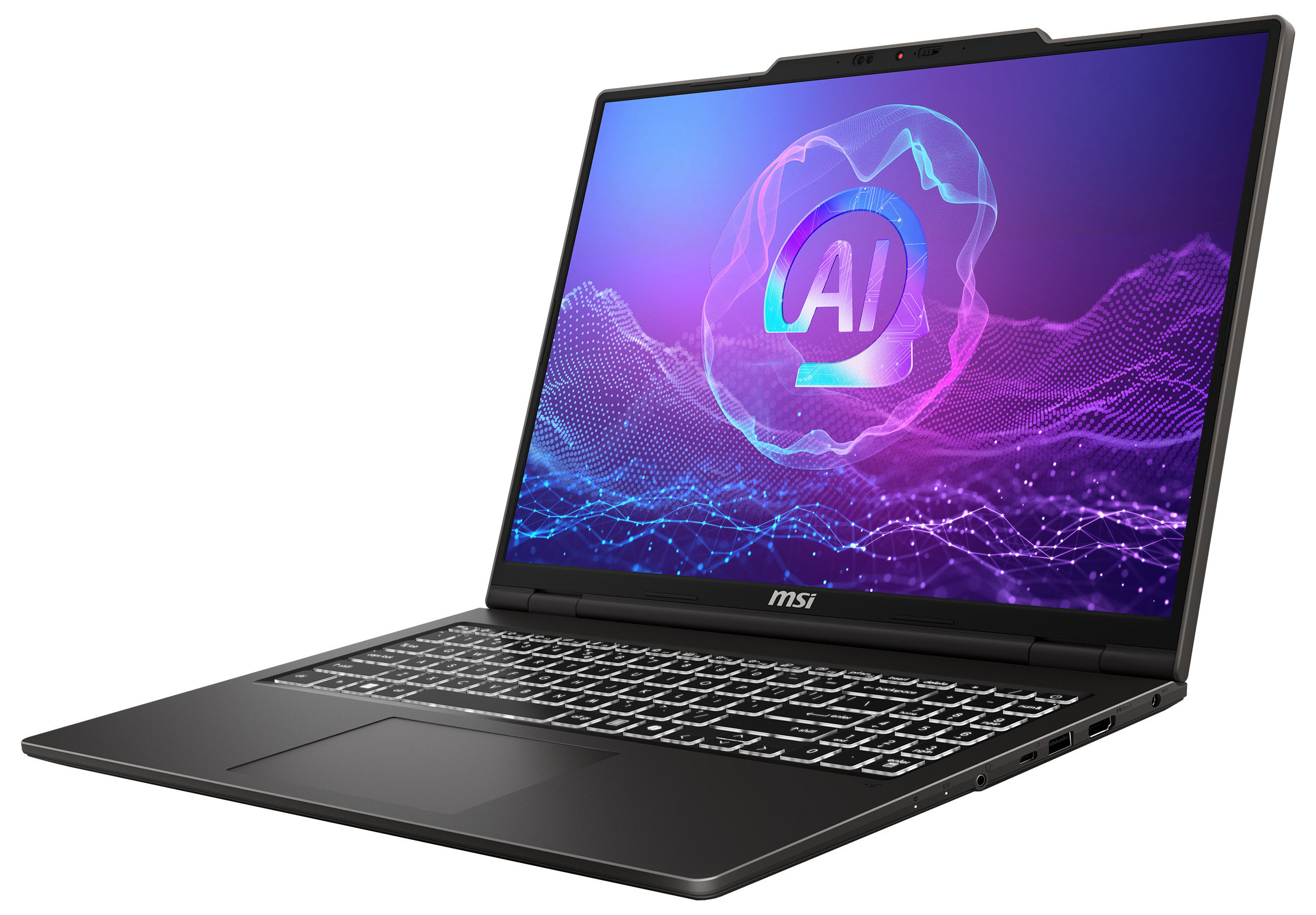Laptop geöffnet, schräge Ansicht. Bildschirm zeigt ein Logo. Tastatur, Touchpad und Rahmen sichtbar.